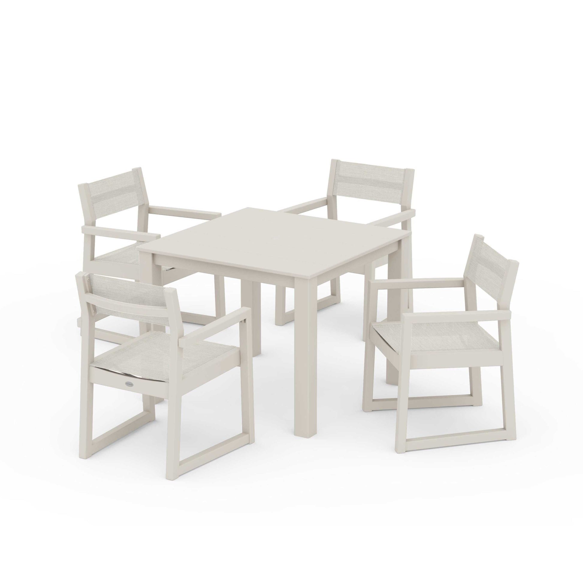 POLYWOOD EDGE Sling Arm Chair 5-Piece Parsons Dining Set — Sand / Parchment Sling