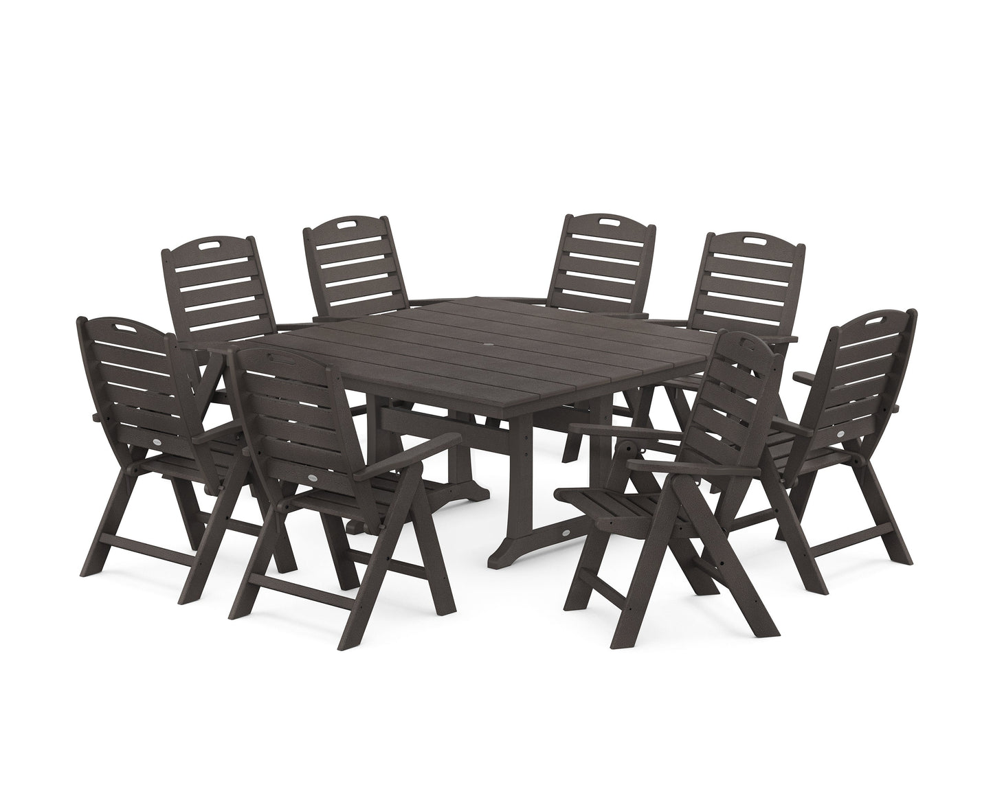 POLYWOOD Nautical Highback 9-Piece Square Farmhouse Dining Set with Trestle Legs — Vintage Coffee