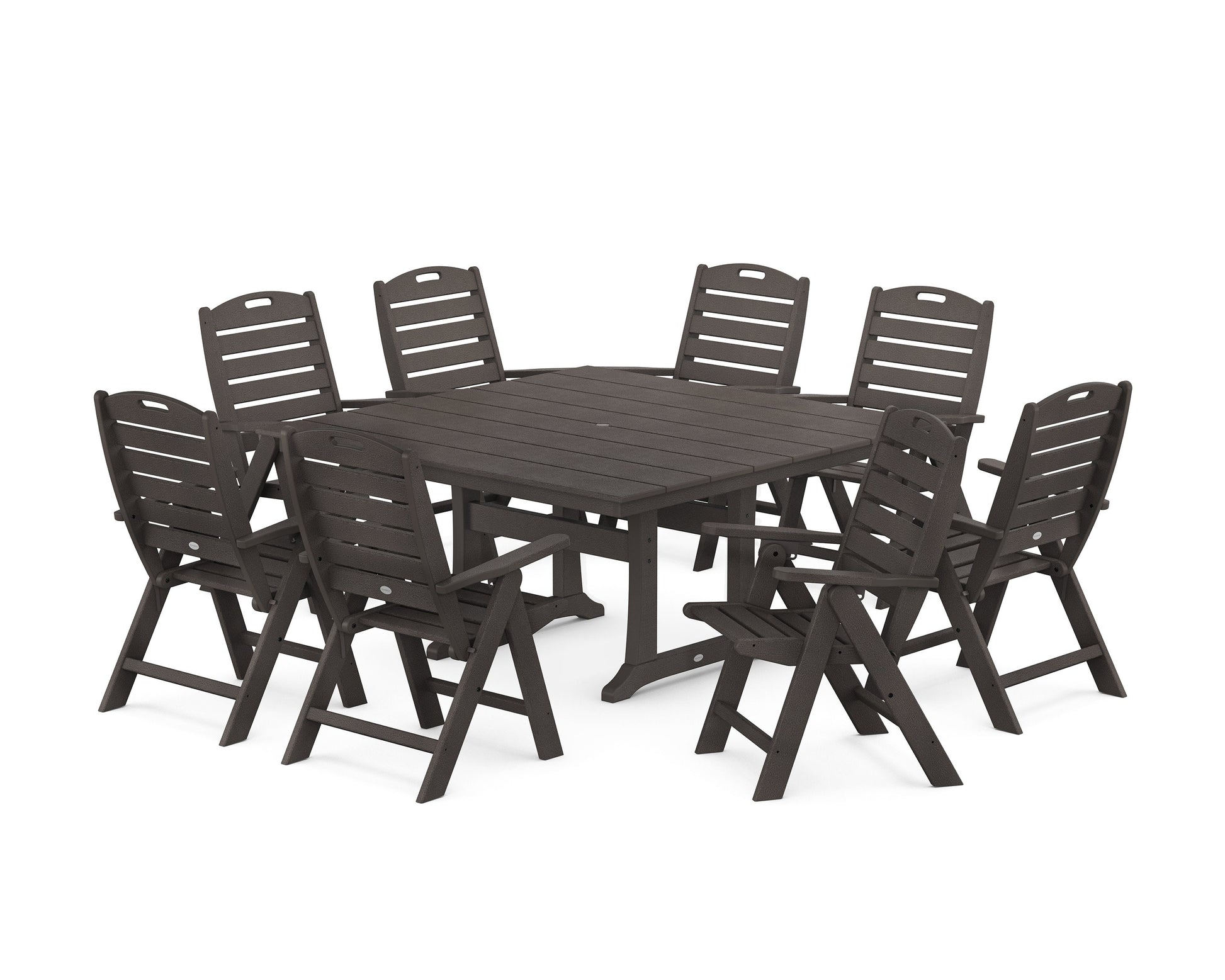 POLYWOOD Nautical Highback 9-Piece Square Farmhouse Dining Set with Trestle Legs — Vintage Coffee