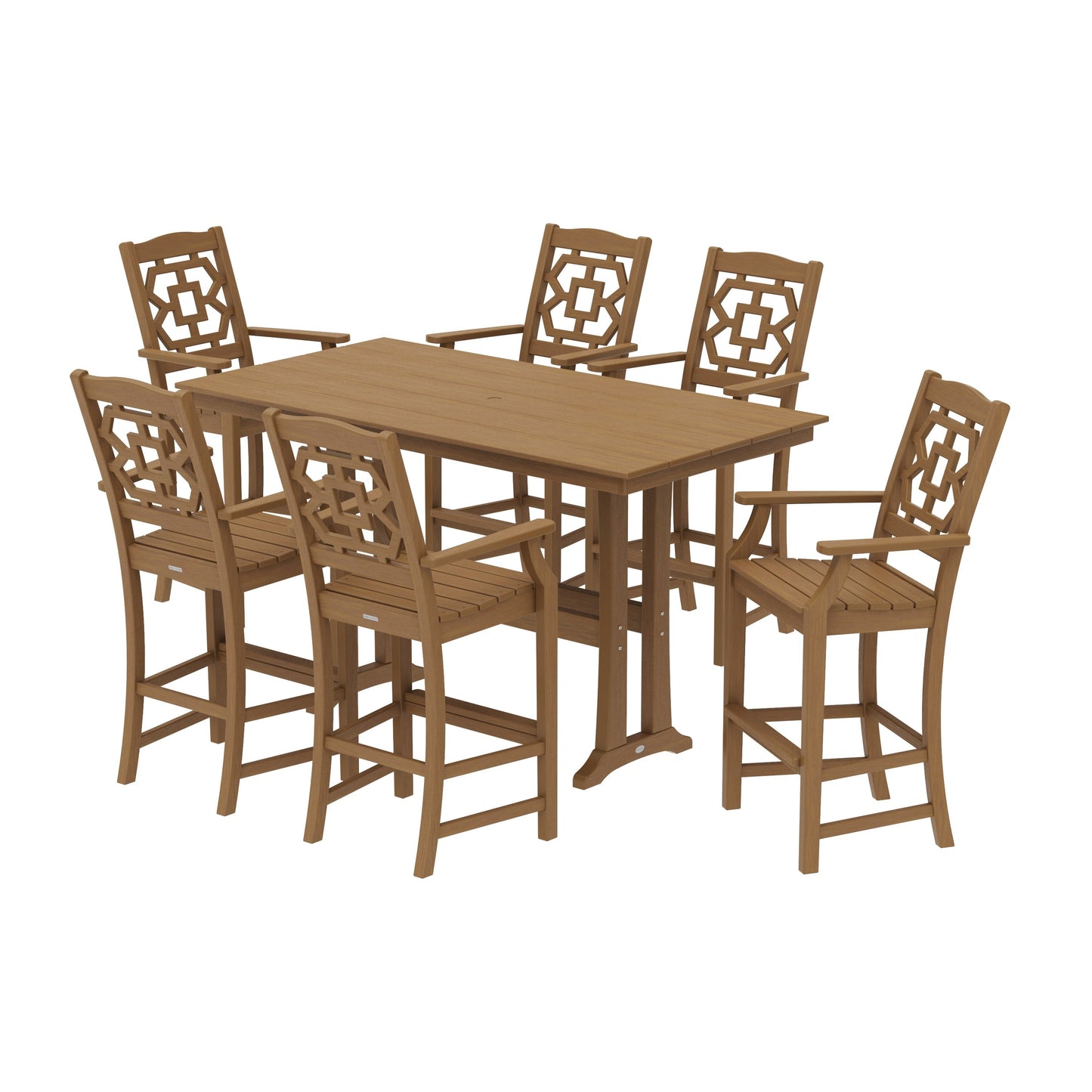 POLYWOOD Chinoiserie Arm Chair 7-Piece Farmhouse Bar Set with Trestle Legs — Natural