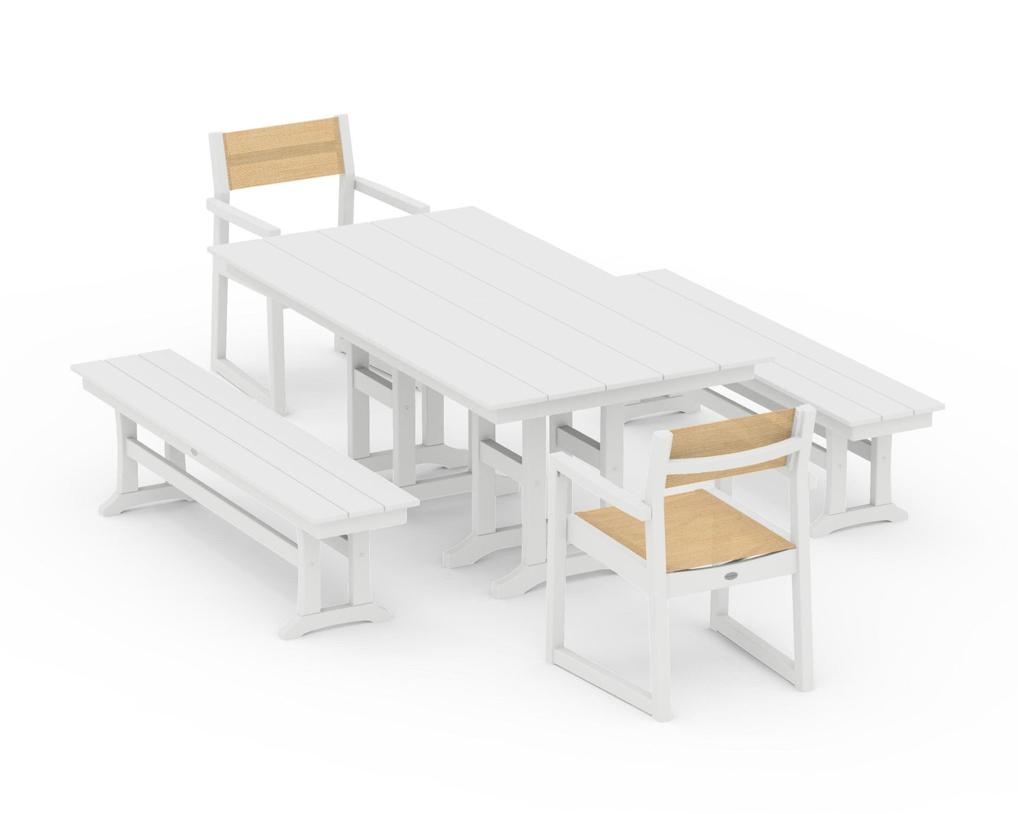 POLYWOOD EDGE Sling Arm Chair 5-Piece Farmhouse Dining Set with Benches — White / Dupioni Apricot Sling