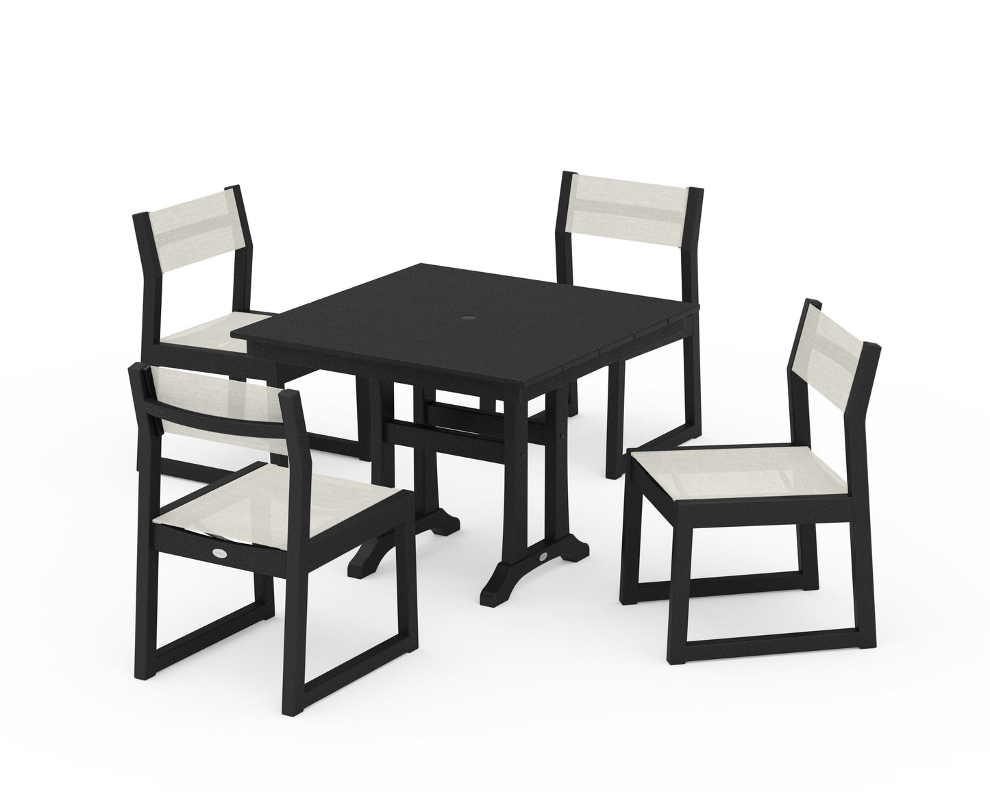 POLYWOOD EDGE Sling 5-Piece Farmhouse Trestle Side Chair Dining Set — Black / Parchment Sling