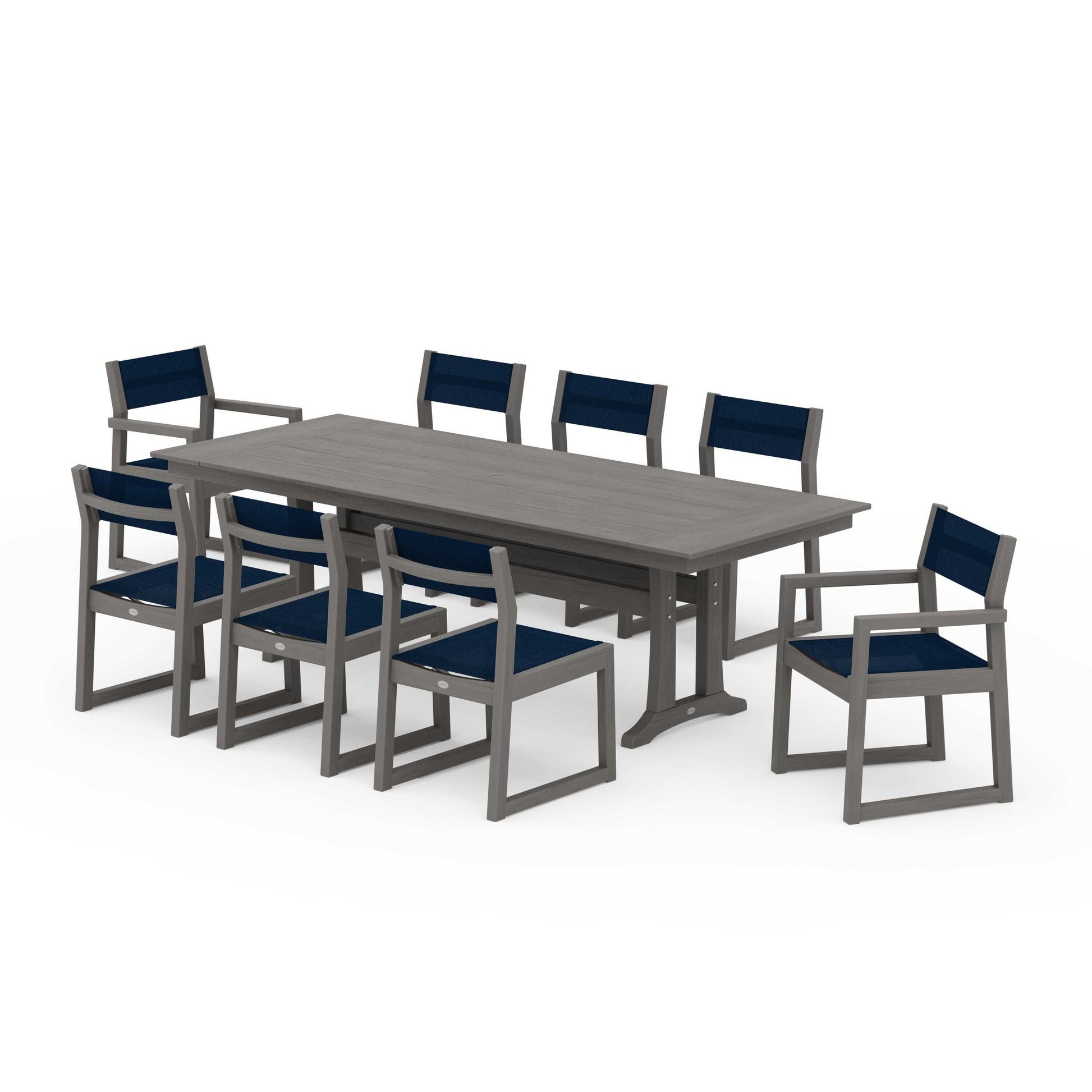 POLYWOOD EDGE Sling 9-Piece Farmhouse Trestle Dining Set — Driftwood / Navy Blue Sling