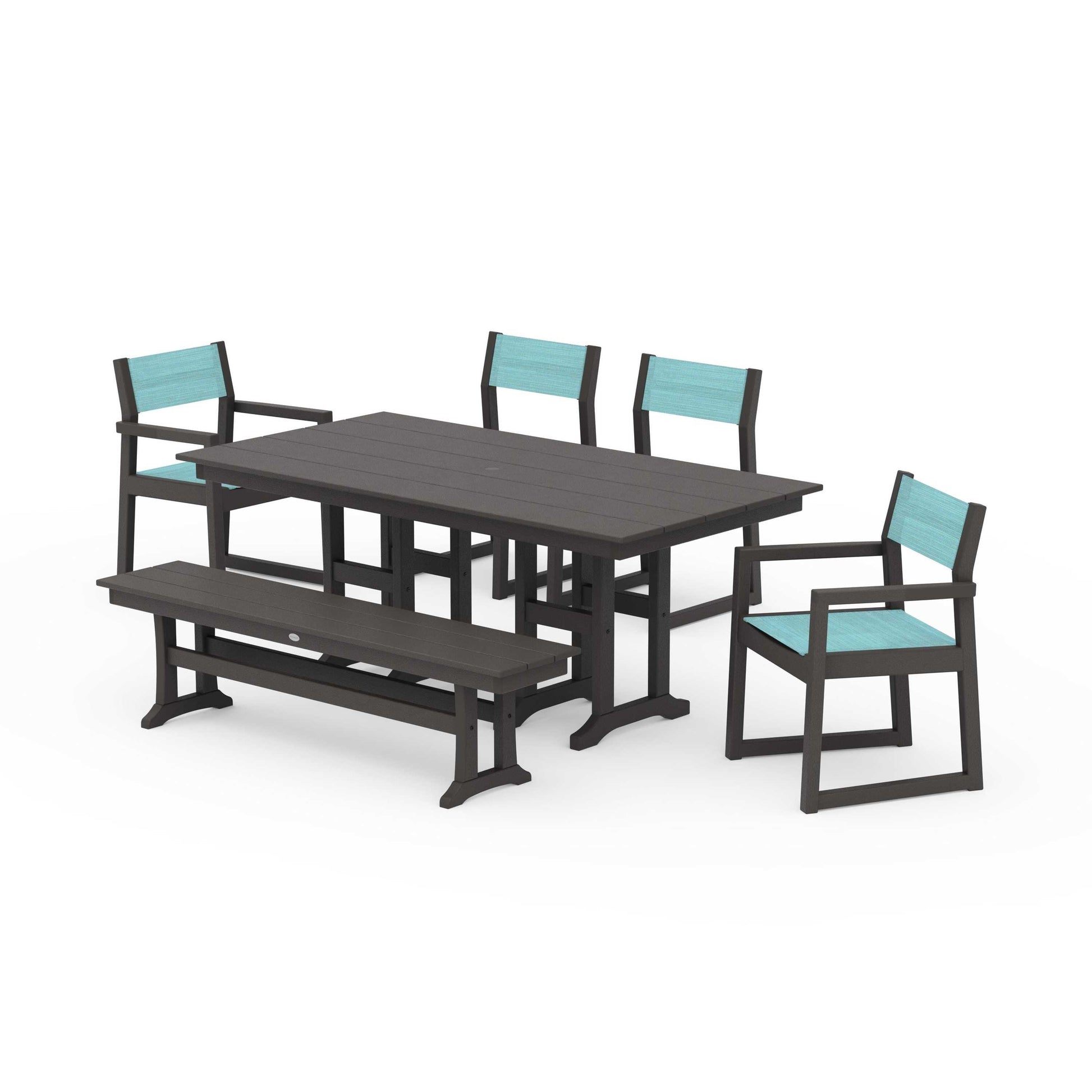 POLYWOOD EDGE Sling 6-Piece Farmhouse Dining Set — Vintage Coffee / Dupioni Aquamarine Sling