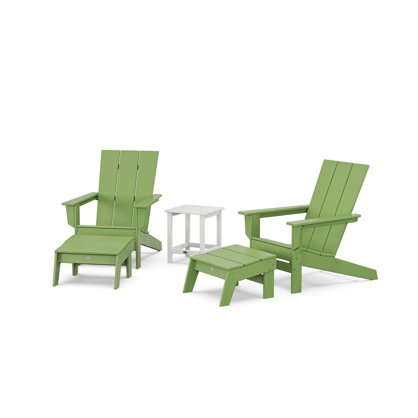 POLYWOOD 5-Piece Modern Studio Adirondack Set with Ottomans and Side Table — Lime / White