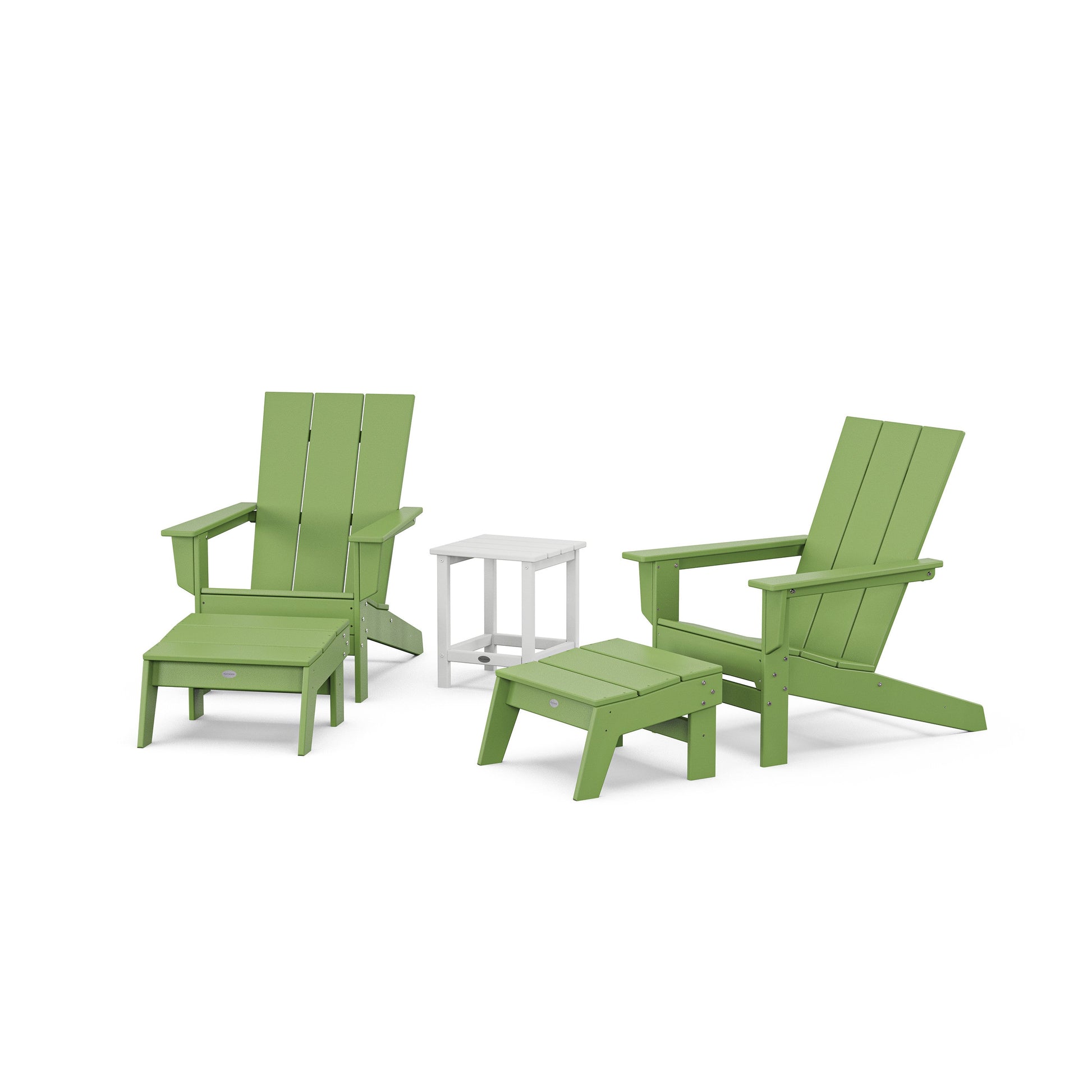 POLYWOOD 5-Piece Modern Studio Adirondack Set with Ottomans and Side Table — Lime / White