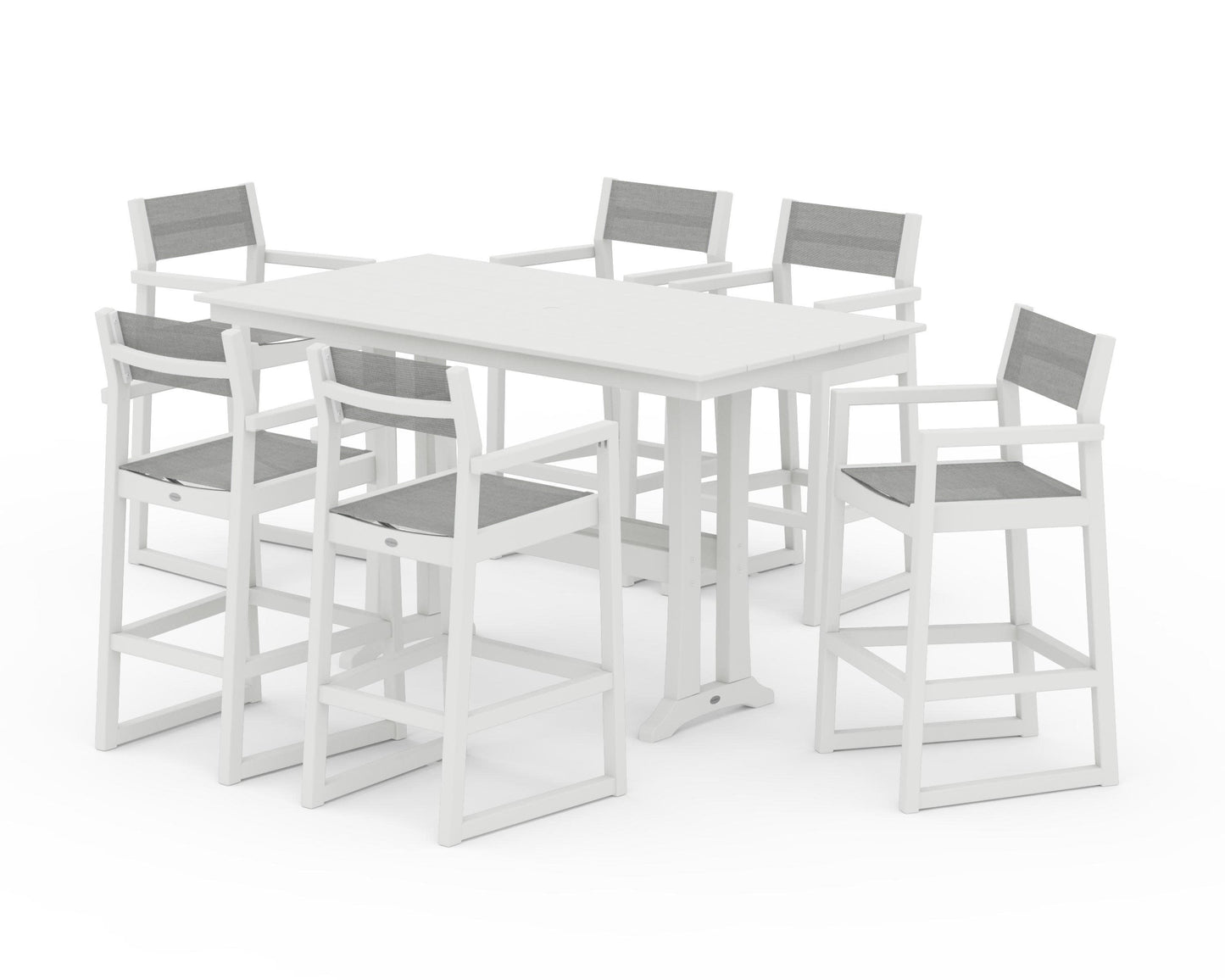 POLYWOOD EDGE Sling Arm Chair 7-Piece Farmhouse Bar Set with Trestle Legs — Vintage White / Metallic Sling