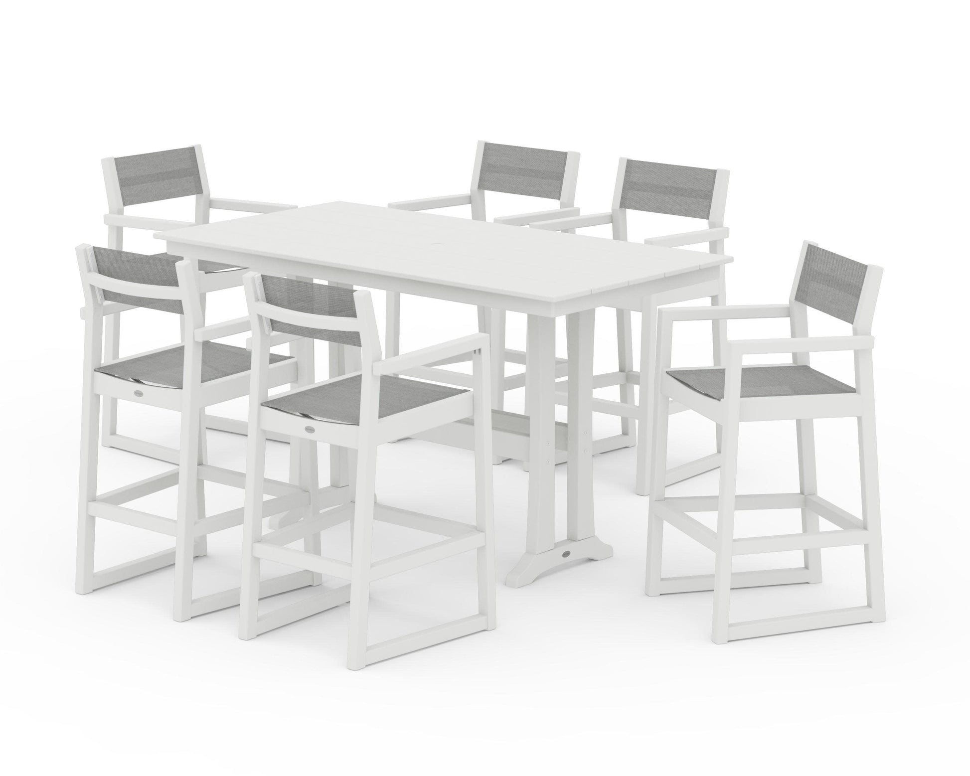 POLYWOOD EDGE Sling Arm Chair 7-Piece Farmhouse Bar Set with Trestle Legs — Vintage White / Metallic Sling