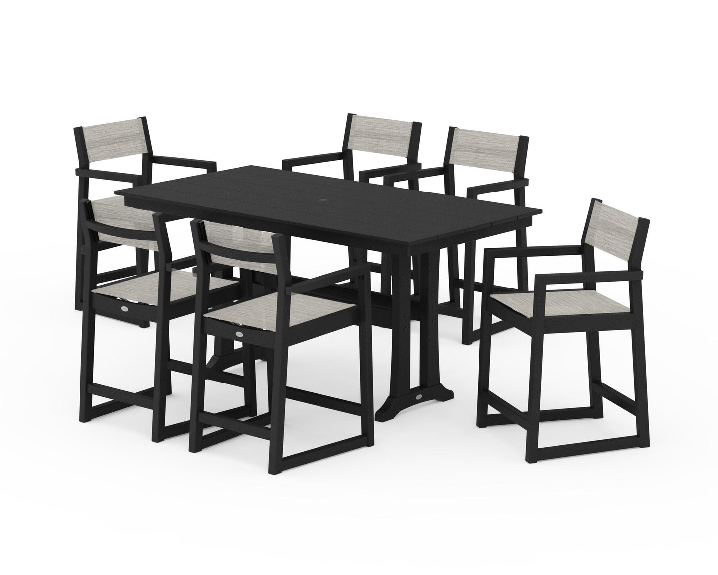 POLYWOOD EDGE Sling Arm Chair 7-Piece Farmhouse Counter Set with Trestle Legs — Black / Birch Sling