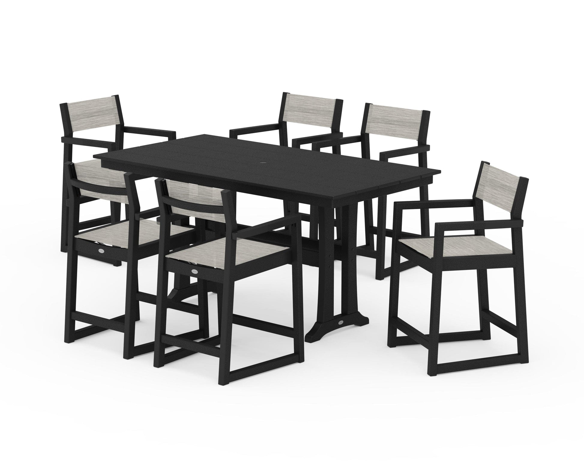 POLYWOOD EDGE Sling Arm Chair 7-Piece Farmhouse Counter Set with Trestle Legs — Black / Birch Sling