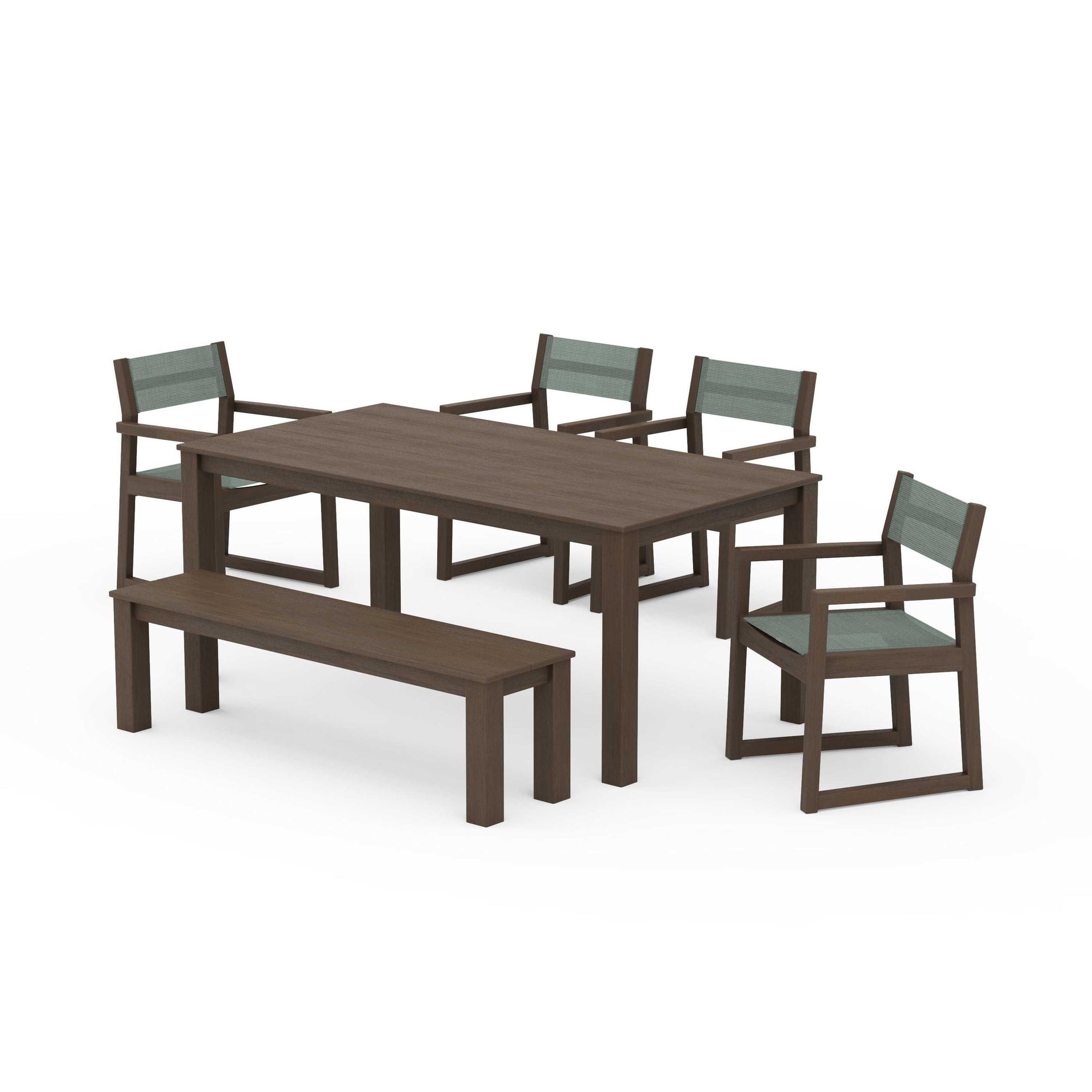 POLYWOOD EDGE Sling Arm Chair 6-Piece Parsons Dining Set with Bench — Kona / Dupioni Sea Mist Sling