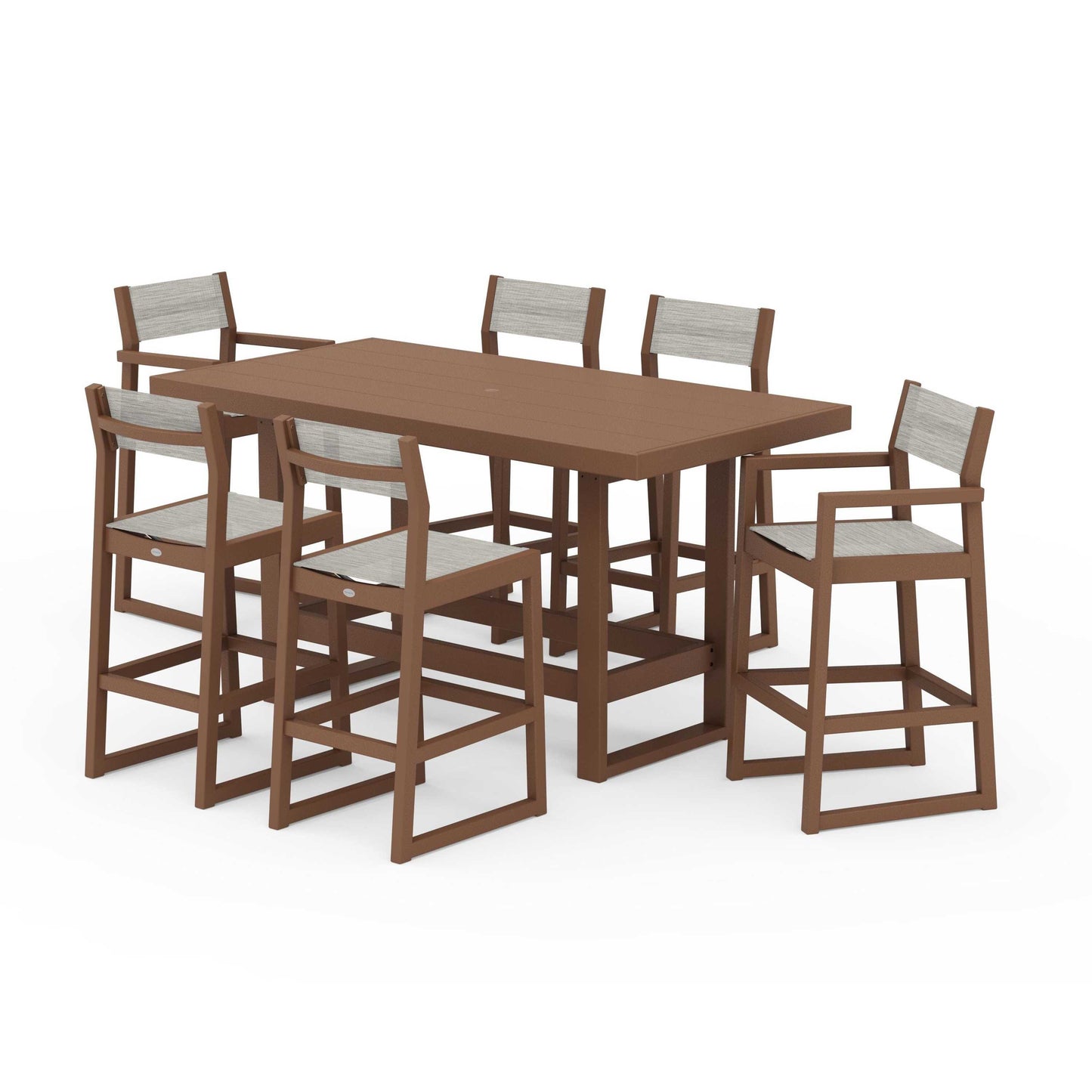 POLYWOOD EDGE Sling 7-Piece Bar Table Set — Teak / Birch Sling