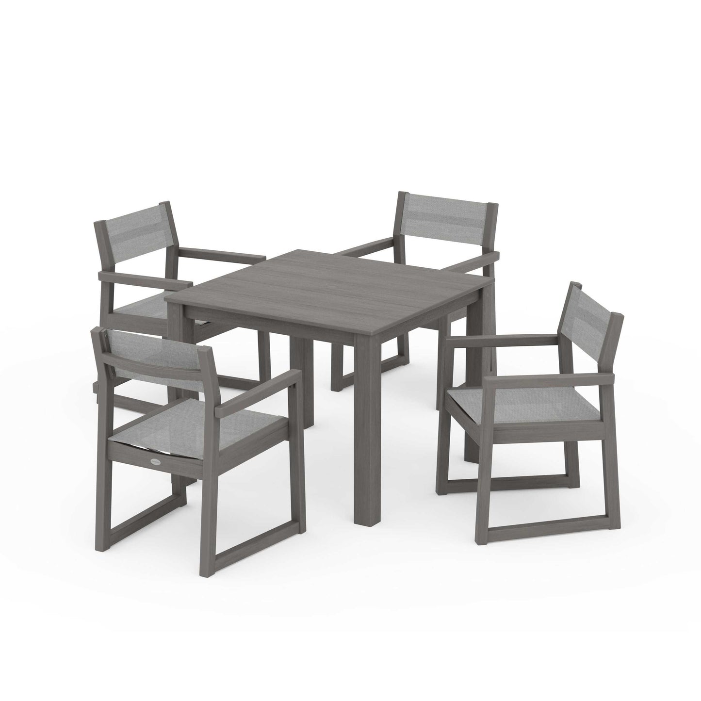 POLYWOOD EDGE Sling Arm Chair 5-Piece Parsons Dining Set — Driftwood / Metallic Sling