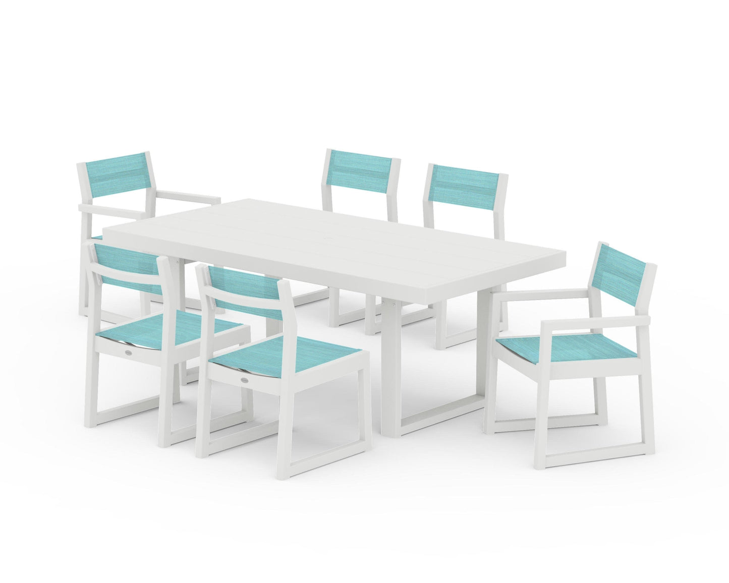 POLYWOOD EDGE Sling 7-Piece Dining Set — Vintage White / Dupioni Aquamarine Sling