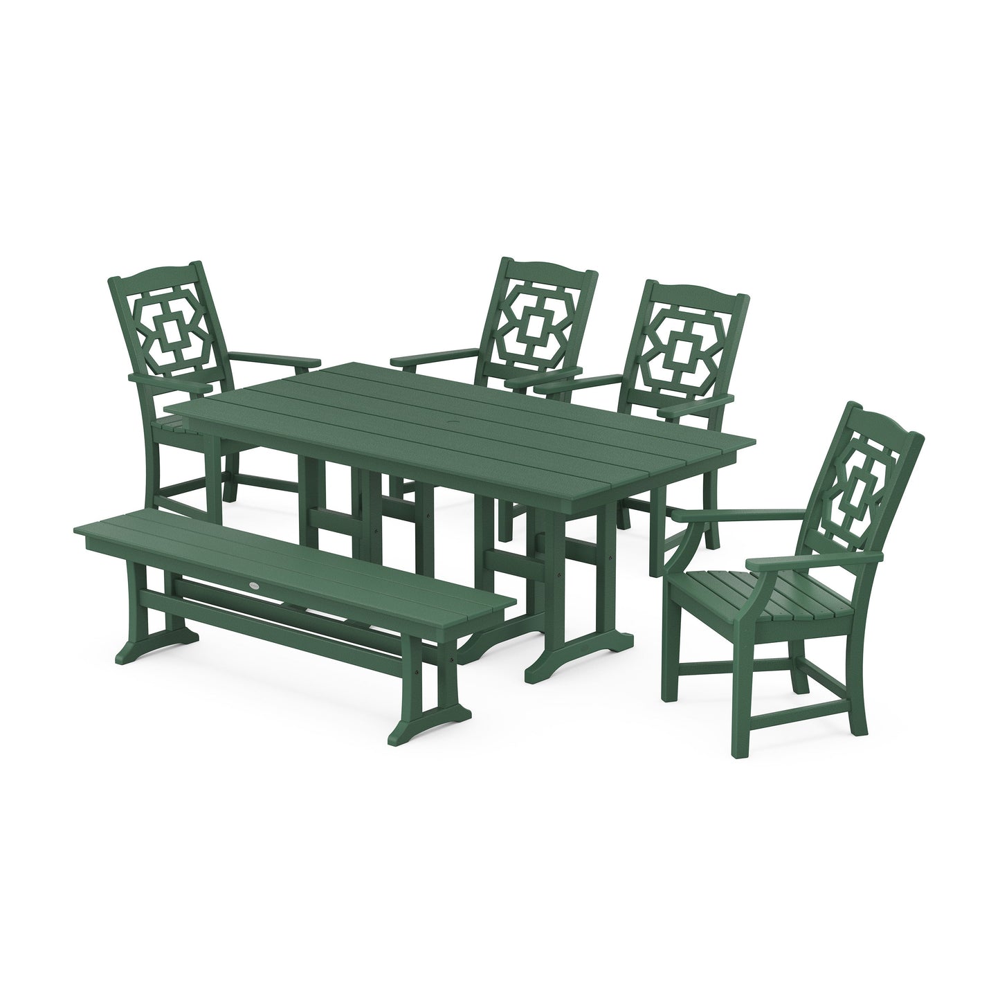 POLYWOOD Chinoiserie 6-Piece Farmhouse Dining Set with Bench — Green