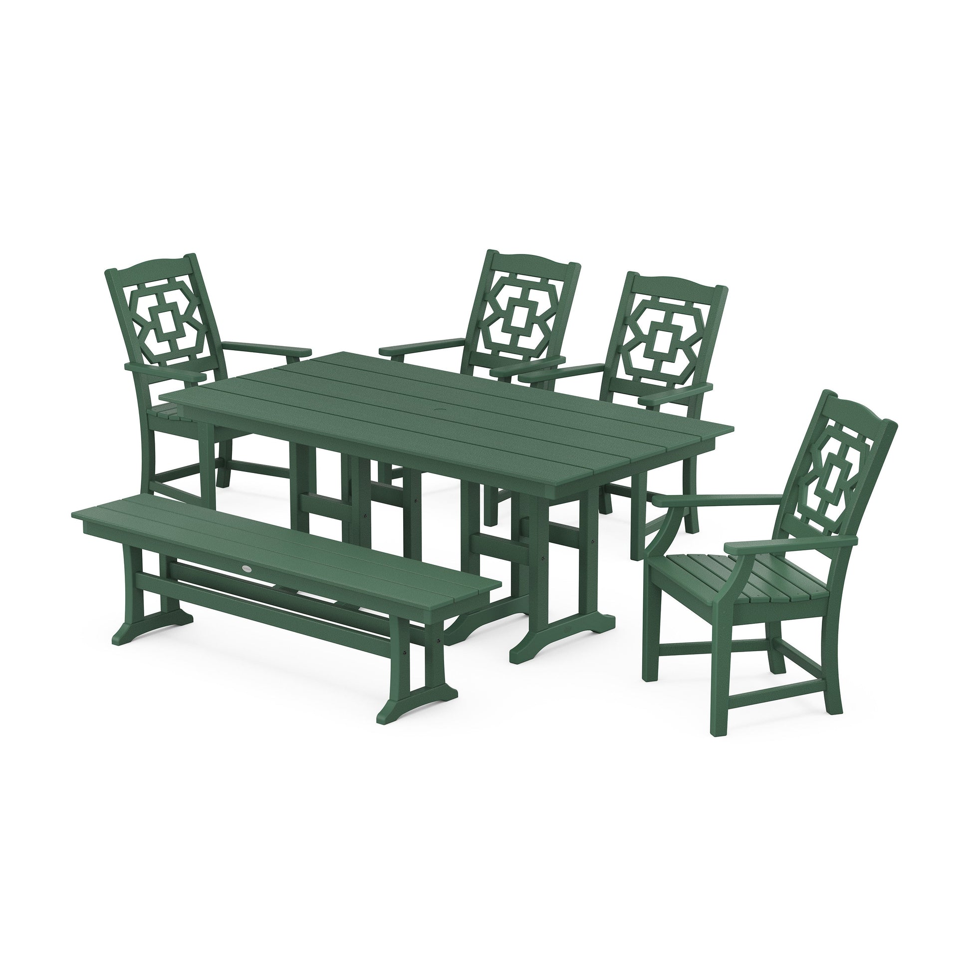 POLYWOOD Chinoiserie 6-Piece Farmhouse Dining Set with Bench — Green