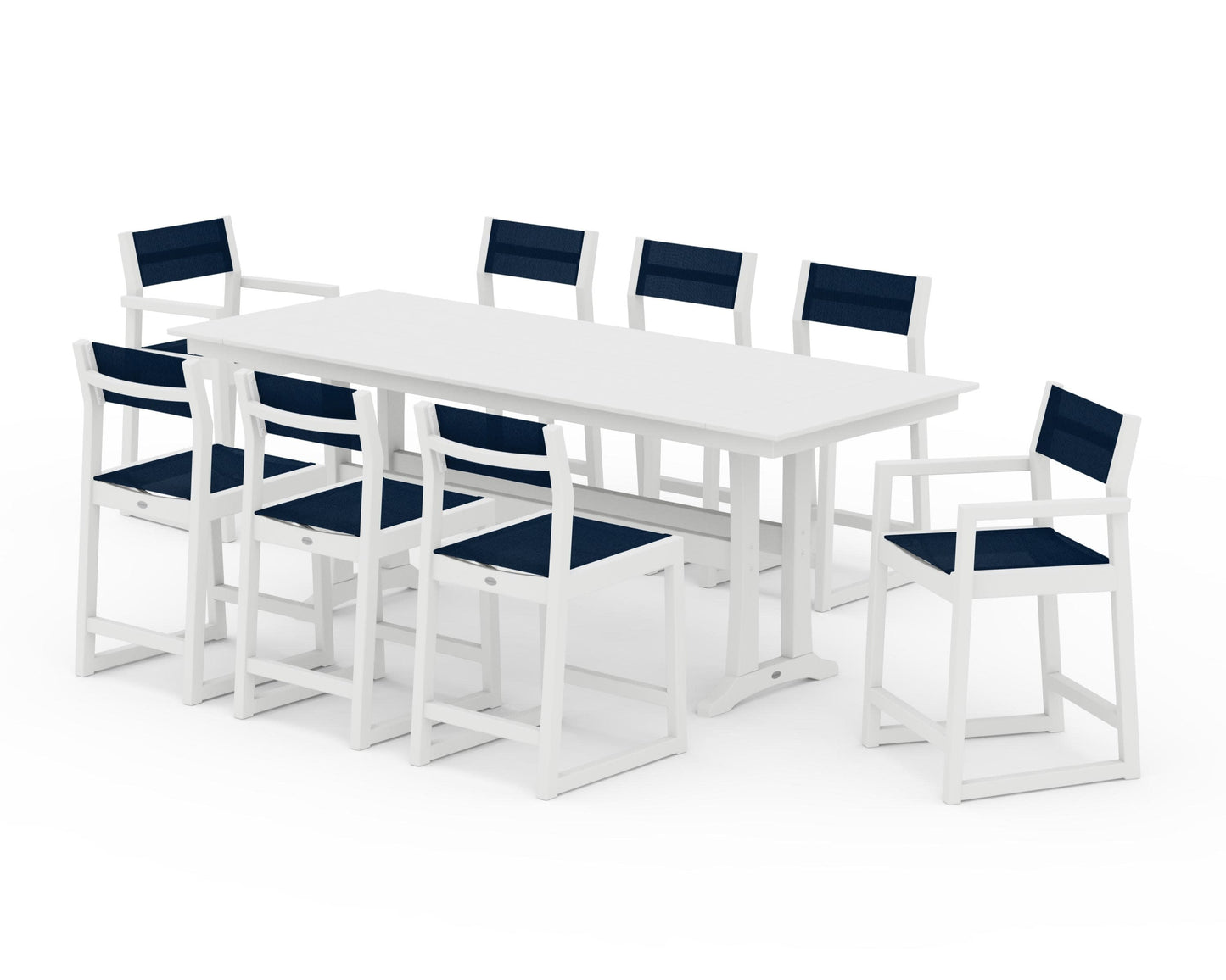 POLYWOOD EDGE Sling 9-Piece Farmhouse Counter Set with Trestle Legs — White / Navy Blue Sling