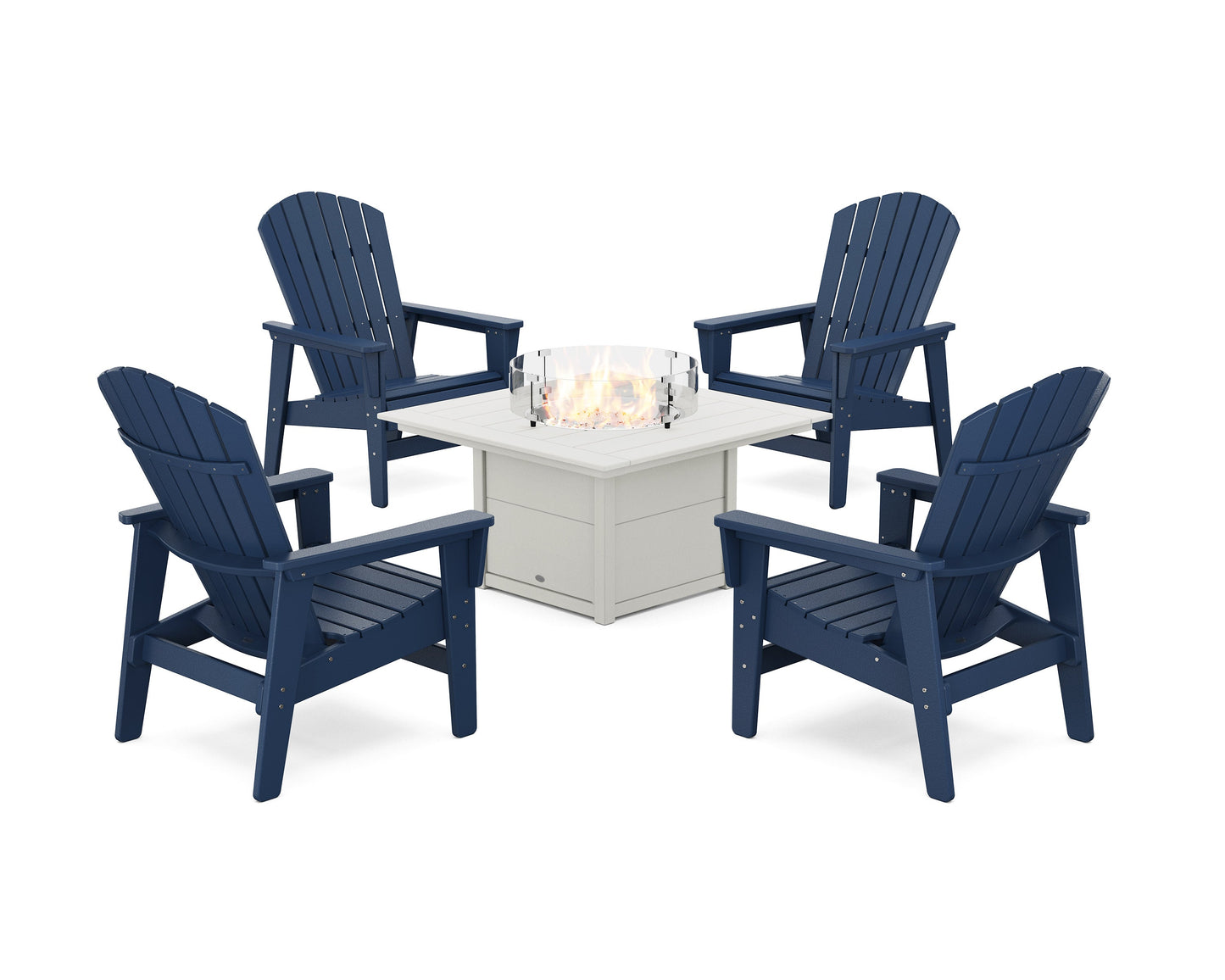 POLYWOOD 5-Piece Nautical Grand Upright Adirondack Conversation Set with Fire Pit Table — Navy / White
