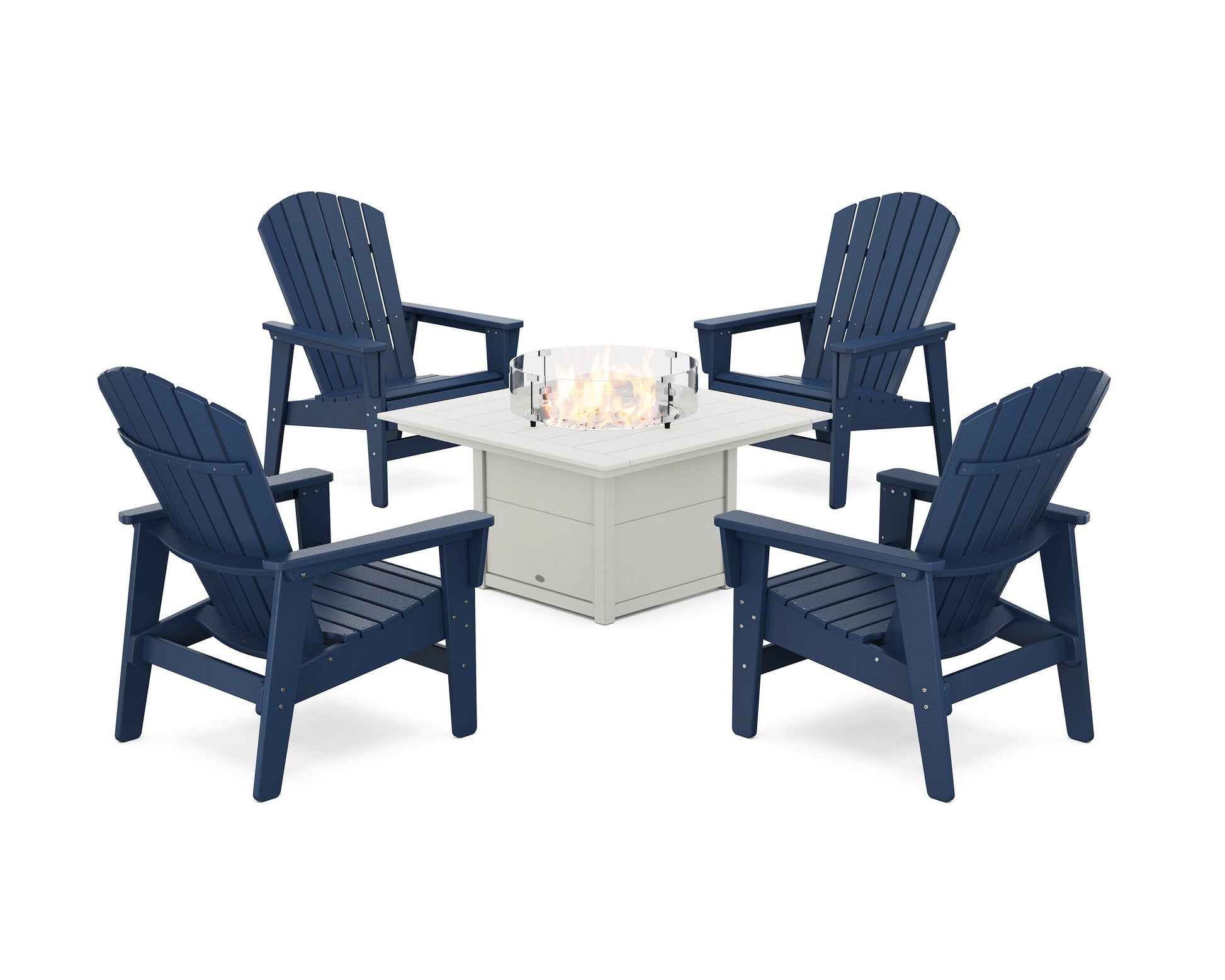 POLYWOOD 5-Piece Nautical Grand Upright Adirondack Conversation Set with Fire Pit Table — Navy / White