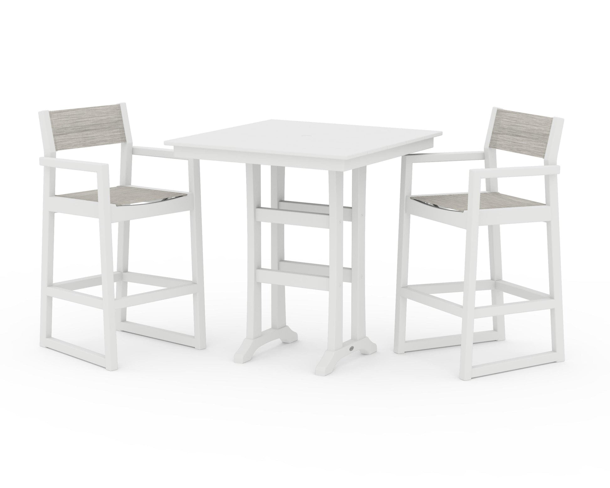 POLYWOOD EDGE Sling Arm Chair 3-Piece Farmhouse Bar Set with Trestle Legs — White / Birch Sling