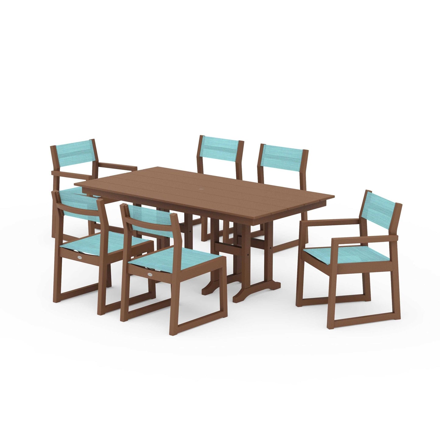 POLYWOOD EDGE Sling 7-Piece Farmhouse Dining Set — Teak / Dupioni Aquamarine Sling