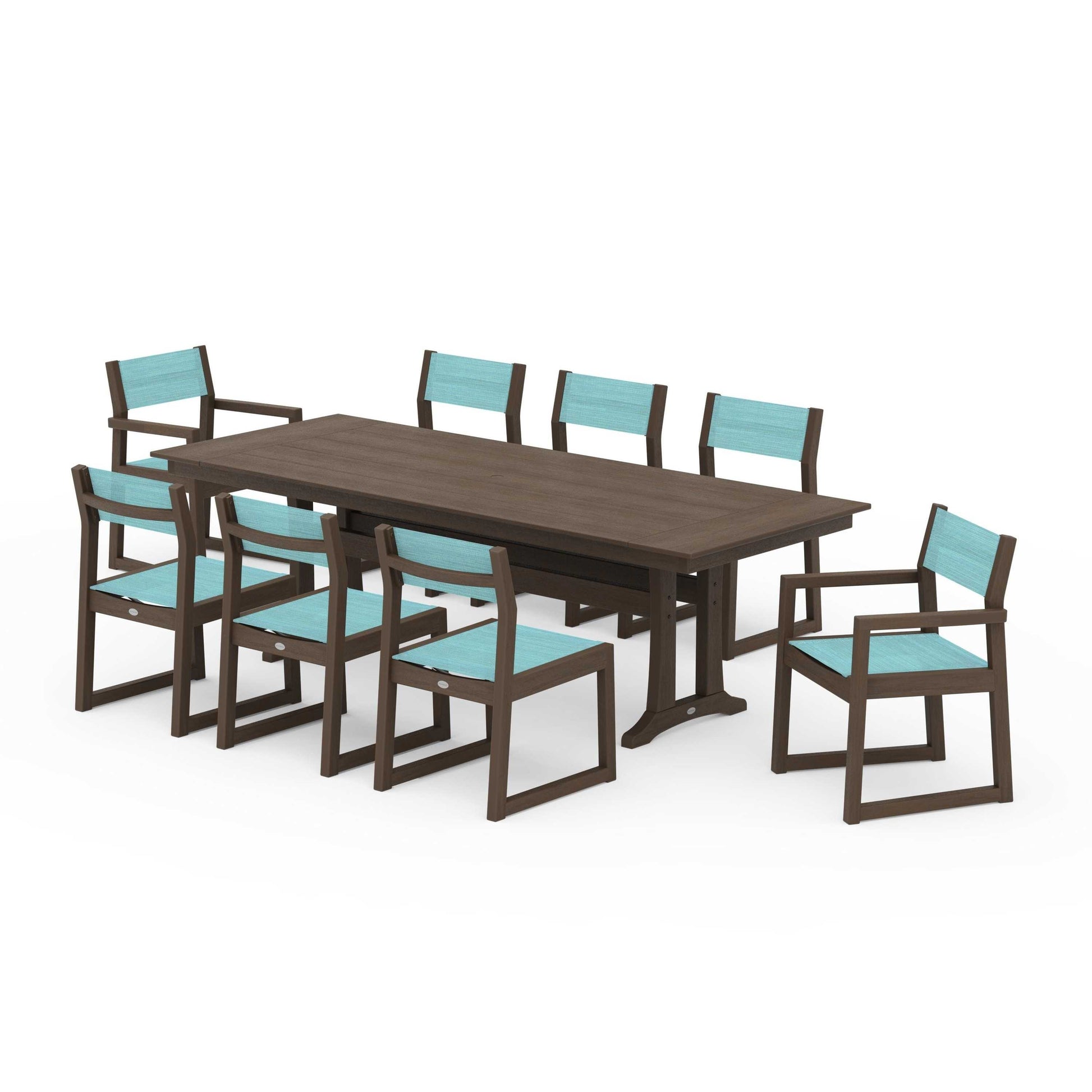 POLYWOOD EDGE Sling 9-Piece Farmhouse Trestle Dining Set — Kona / Dupioni Aquamarine Sling