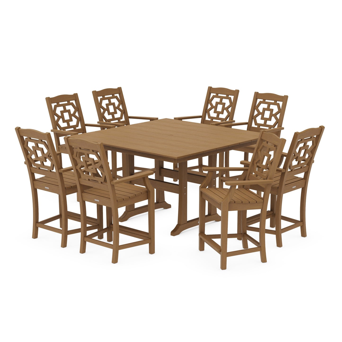 POLYWOOD Chinoiserie 9-Piece Square Farmhouse Counter Set with Trestle Legs — Natural