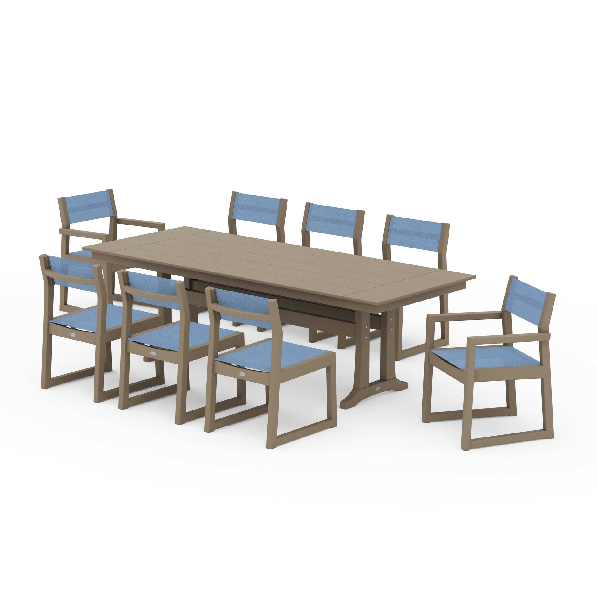 POLYWOOD EDGE Sling 9-Piece Farmhouse Trestle Dining Set — Vintage Sahara / Poolside Sling