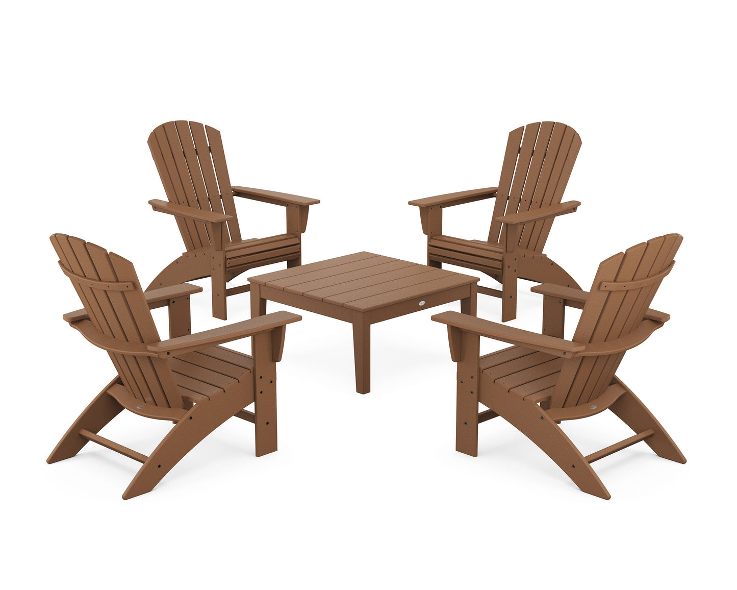 POLYWOOD 5-Piece Nautical Curveback Adirondack Chair Conversation Set with 36" Conversation Table — Teak