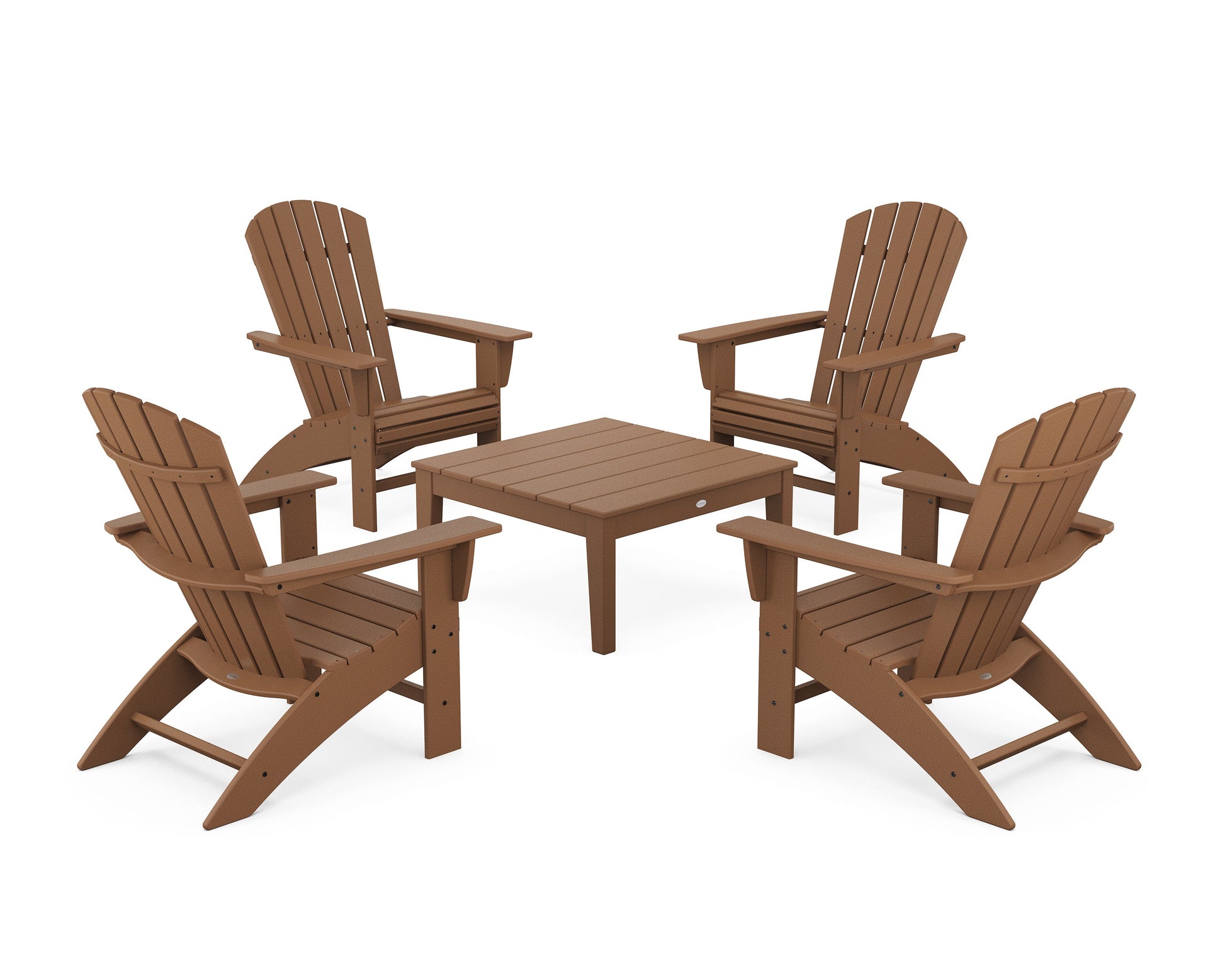 POLYWOOD 5-Piece Nautical Curveback Adirondack Chair Conversation Set with 36" Conversation Table — Teak