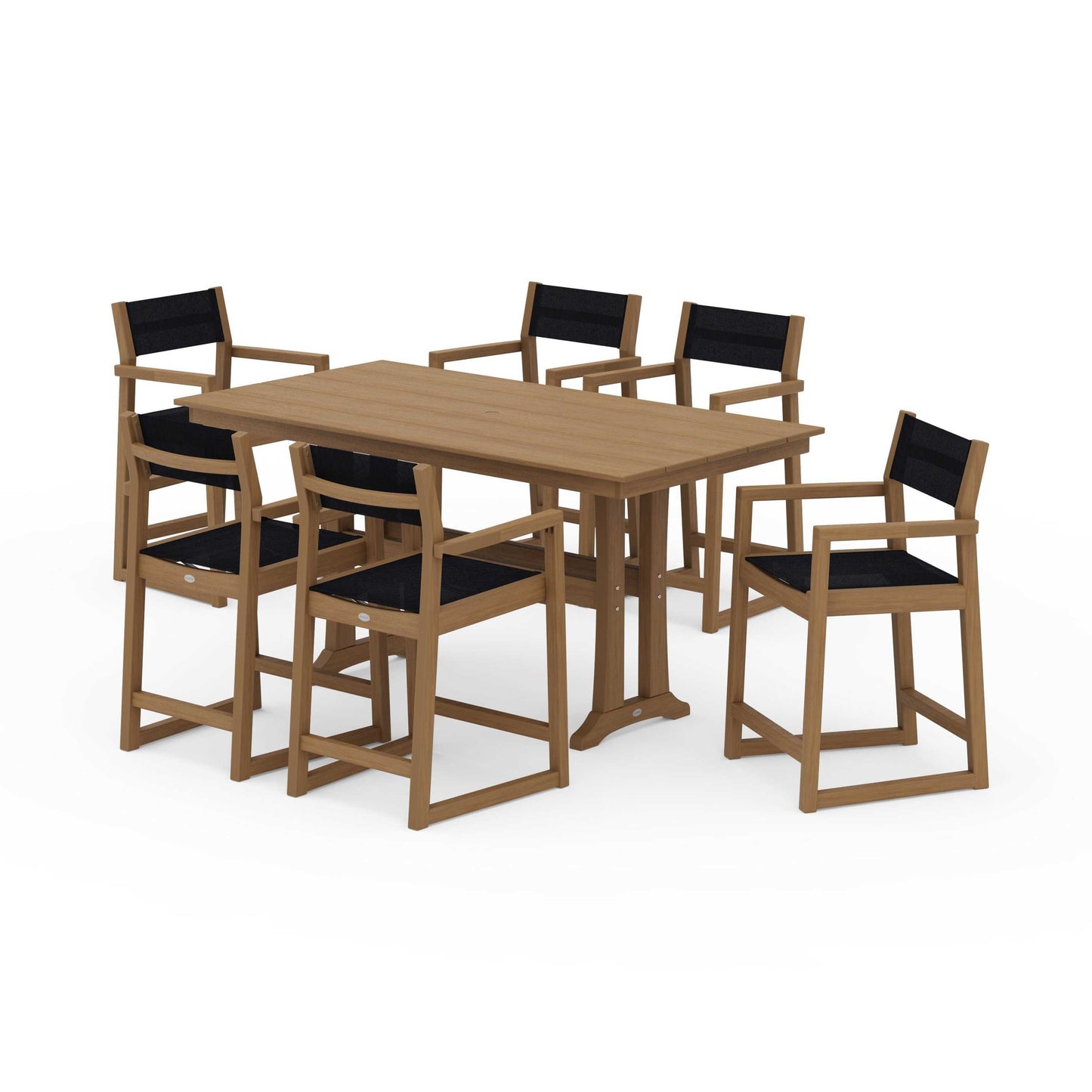 POLYWOOD EDGE Sling Arm Chair 7-Piece Farmhouse Counter Set with Trestle Legs — Natural / Black Sling