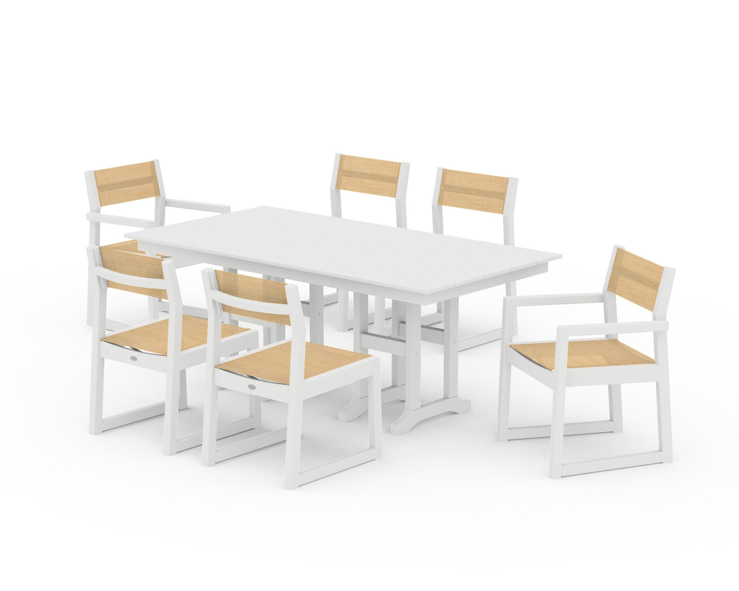 POLYWOOD EDGE Sling 7-Piece Farmhouse Dining Set — White / Dupioni Apricot Sling