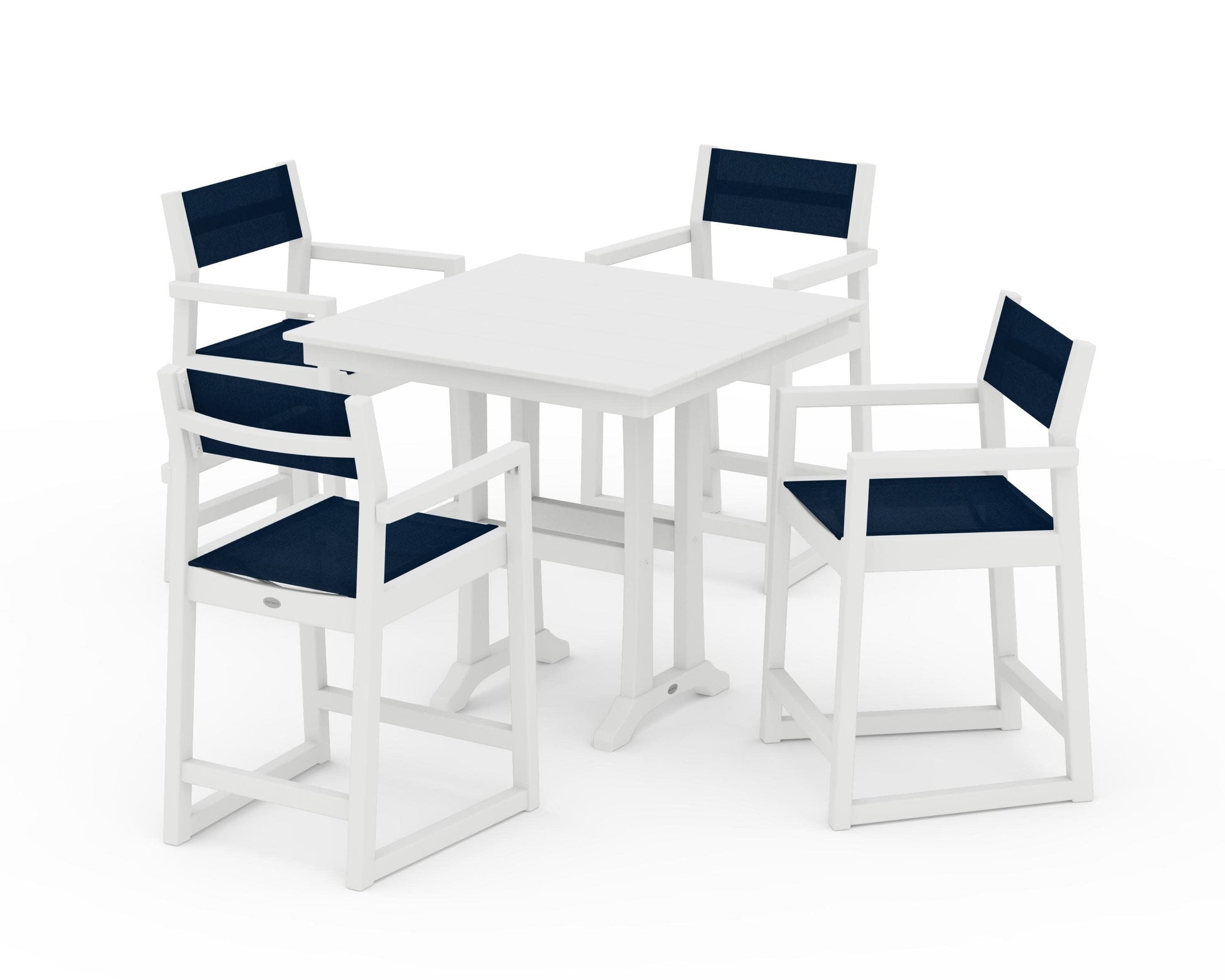 POLYWOOD EDGE Sling Arm Chair 5-Piece Farmhouse Counter Set with Trestle Legs — White / Navy Blue Sling