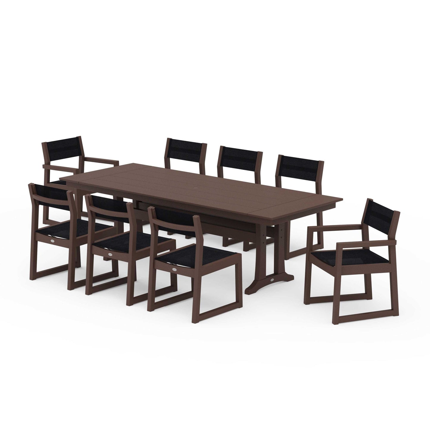 POLYWOOD EDGE Sling 9-Piece Farmhouse Trestle Dining Set — Mahogany / Black Sling