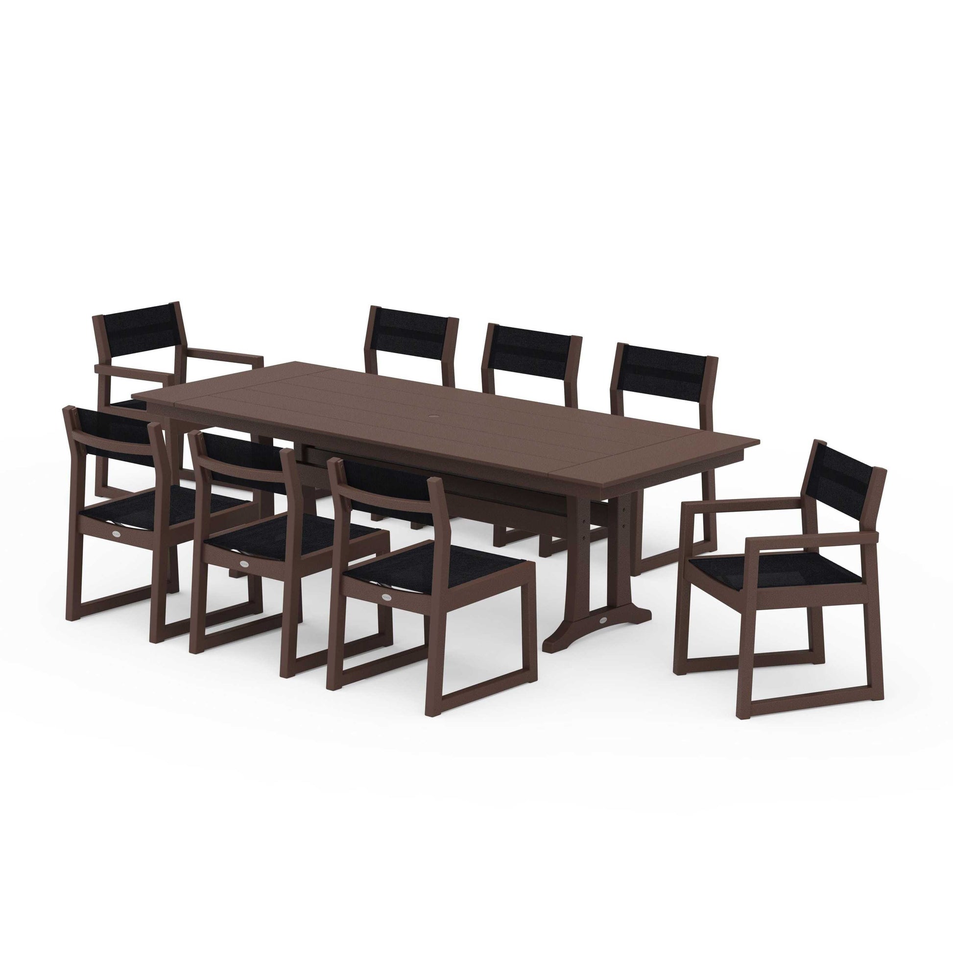 POLYWOOD EDGE Sling 9-Piece Farmhouse Trestle Dining Set — Mahogany / Black Sling