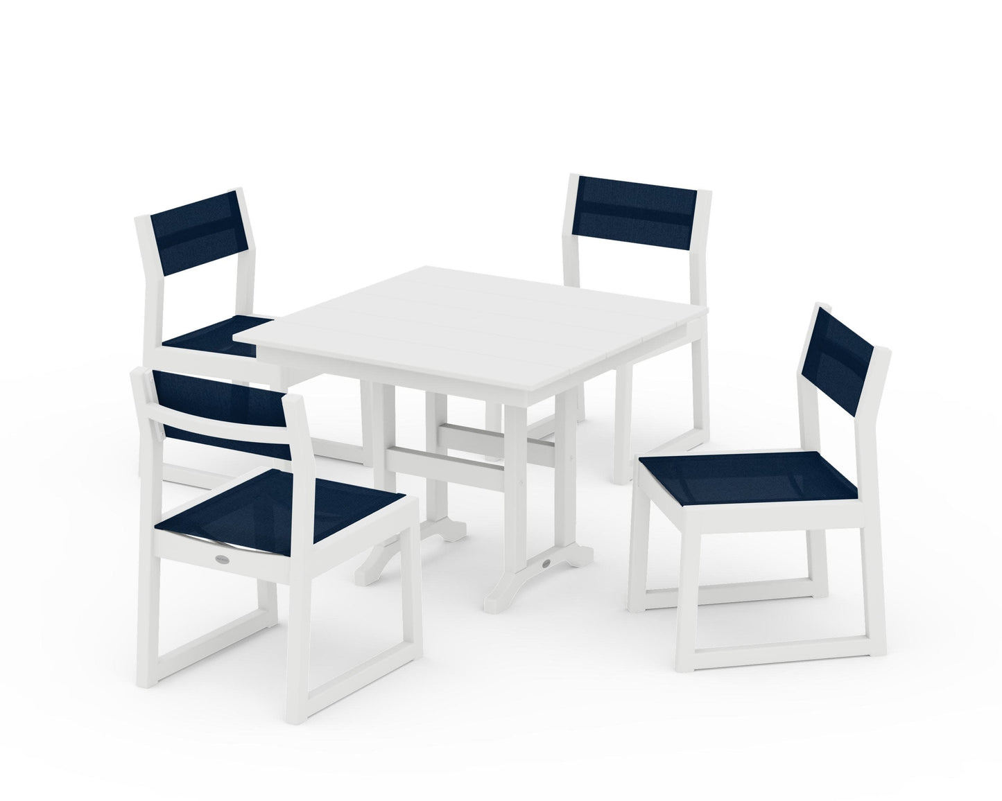 POLYWOOD EDGE Sling Side Chair 5-Piece Farmhouse Dining Set — White / Navy Blue Sling