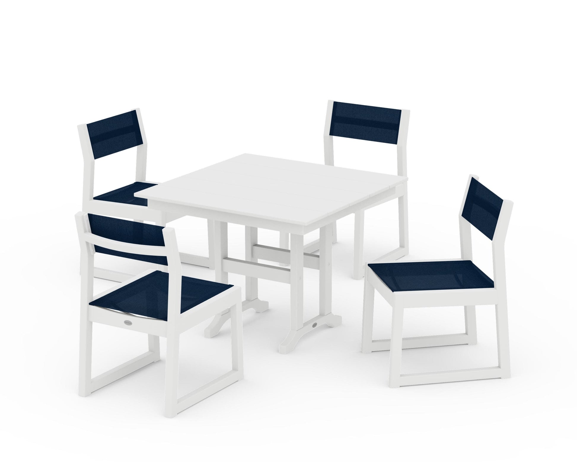 POLYWOOD EDGE Sling Side Chair 5-Piece Farmhouse Dining Set — White / Navy Blue Sling