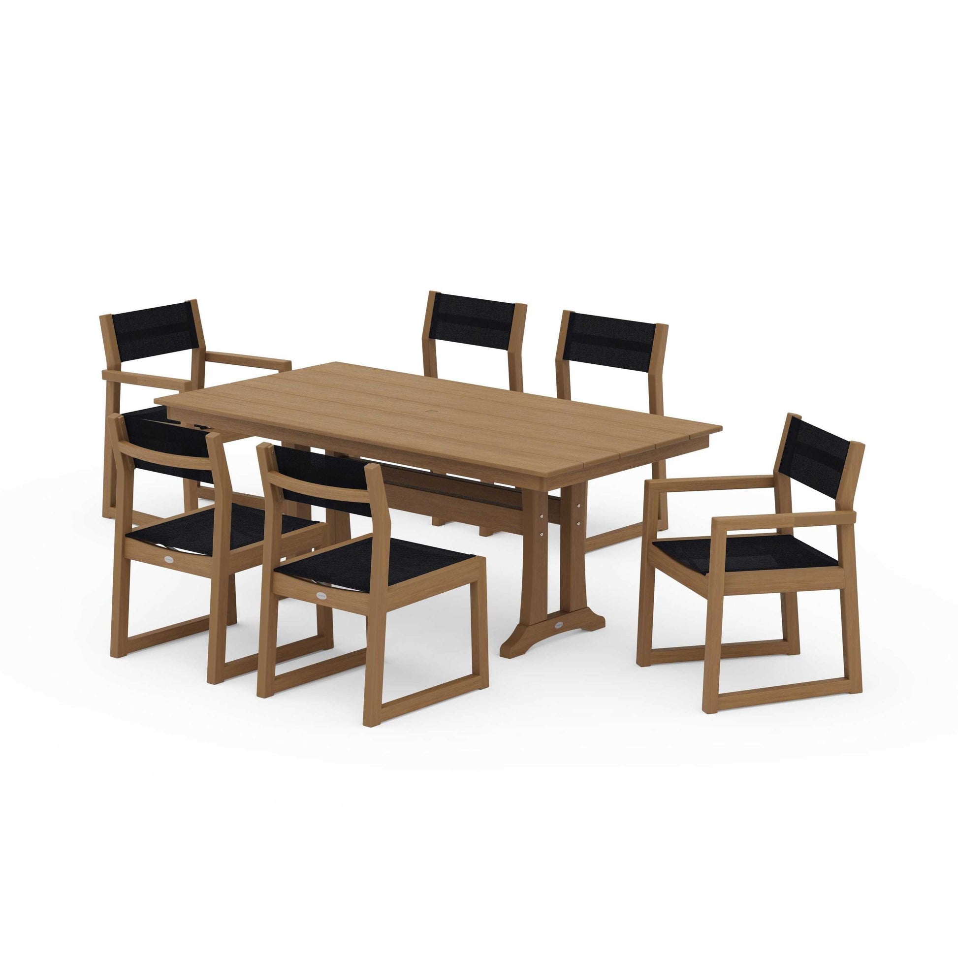 POLYWOOD EDGE Sling 7-Piece Farmhouse Trestle Dining Set — Natural / Black Sling