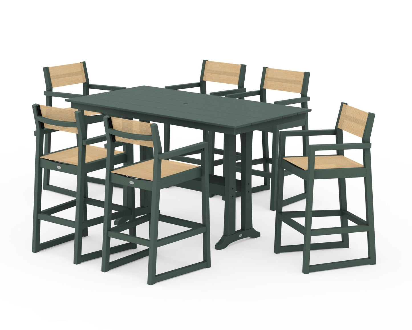 POLYWOOD EDGE Sling Arm Chair 7-Piece Farmhouse Bar Set with Trestle Legs — Green / Dupioni Apricot Sling
