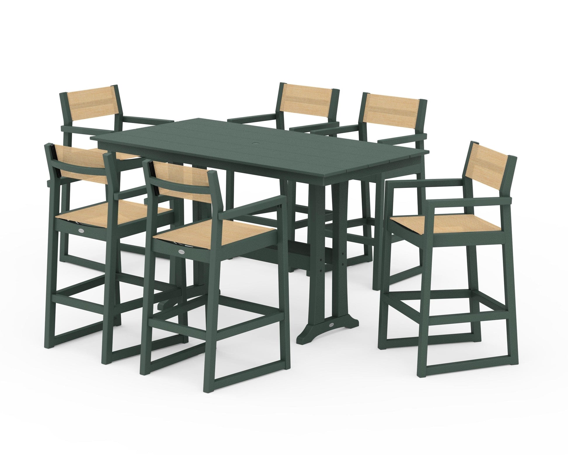 POLYWOOD EDGE Sling Arm Chair 7-Piece Farmhouse Bar Set with Trestle Legs — Green / Dupioni Apricot Sling