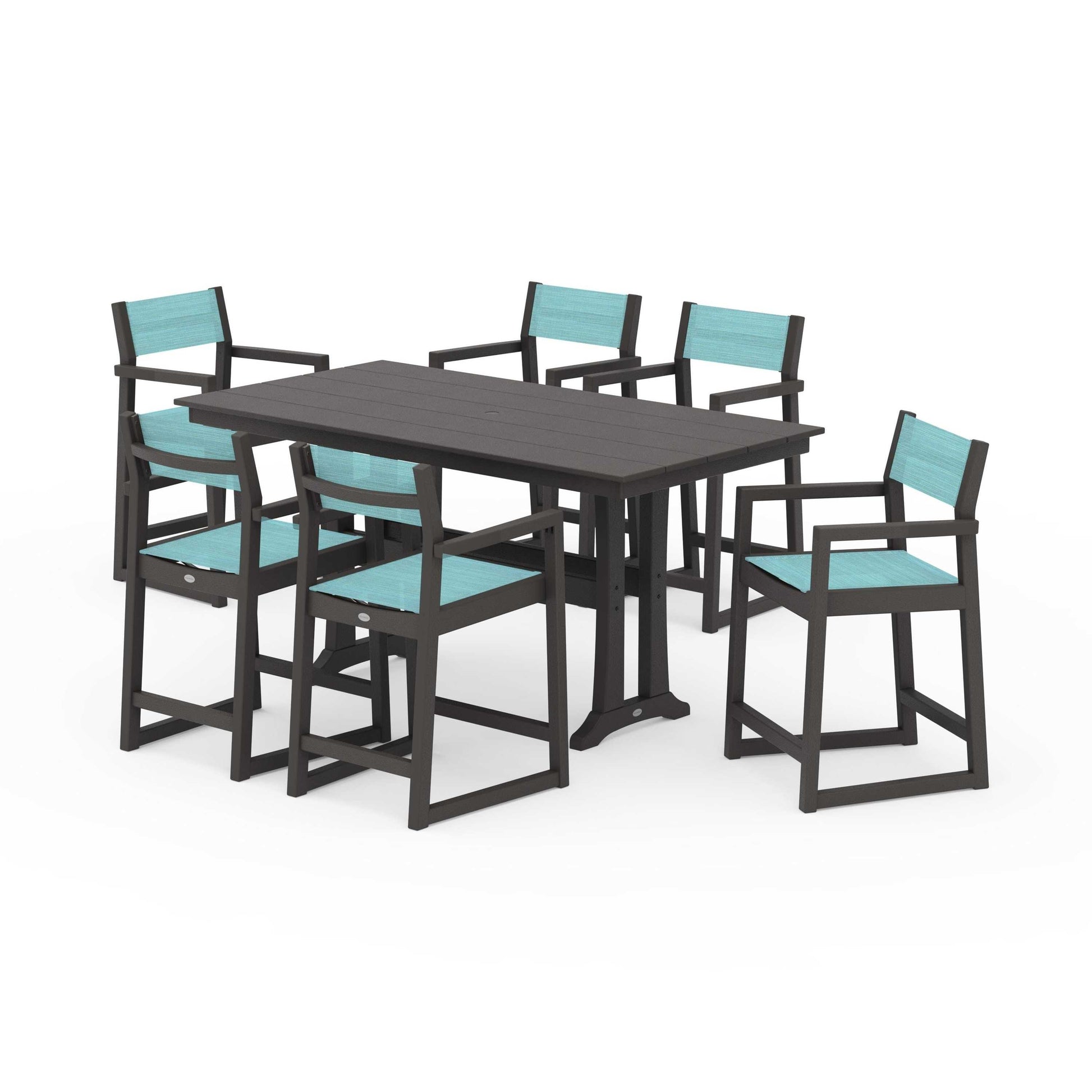 POLYWOOD EDGE Sling Arm Chair 7-Piece Farmhouse Counter Set with Trestle Legs — Vintage Coffee / Dupioni Aquamarine Sling