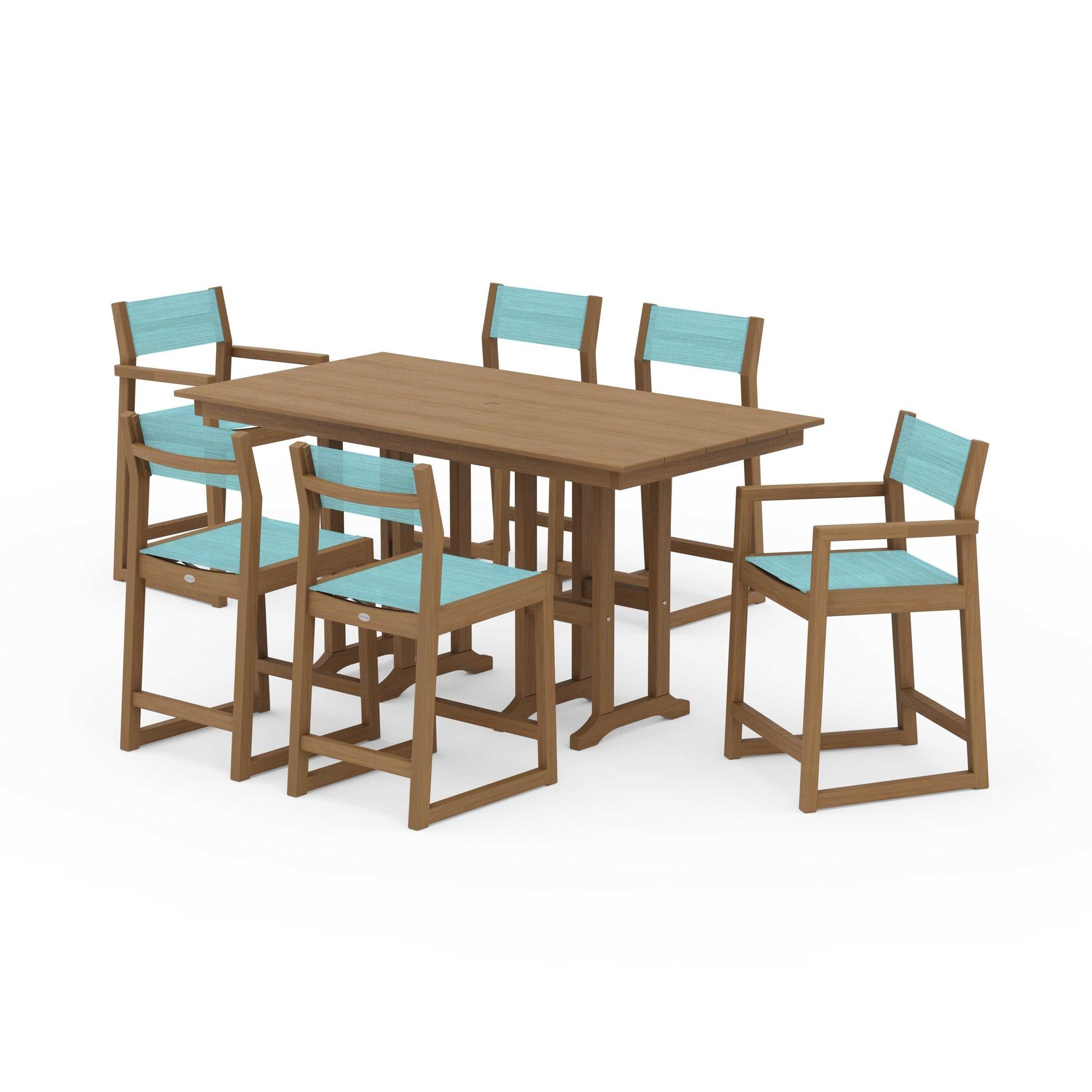 POLYWOOD EDGE Sling 7-Piece Farmhouse Counter Set with Trestle Legs — Natural / Dupioni Aquamarine Sling