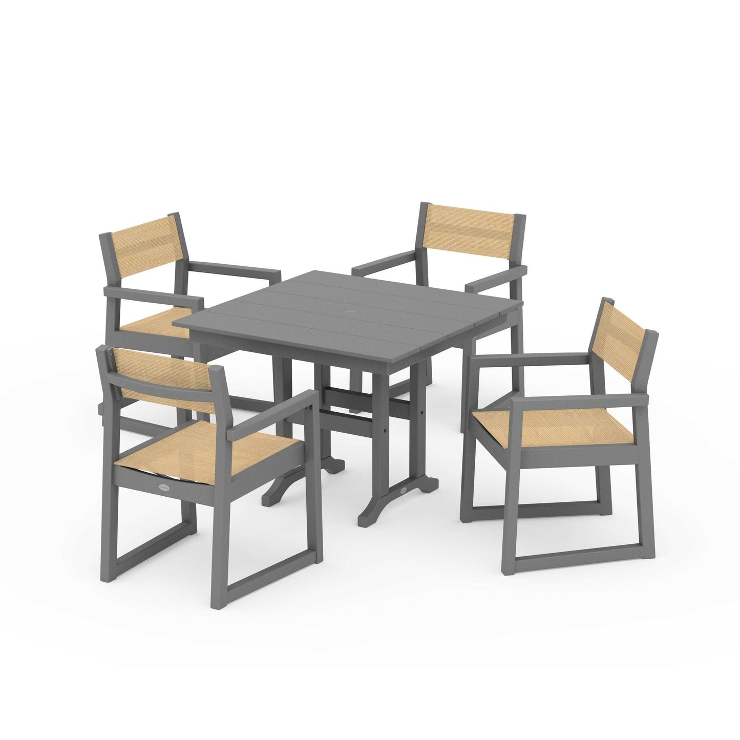 POLYWOOD EDGE Sling Arm Chair 5-Piece Farmhouse Dining Set — Slate Grey / Dupioni Apricot Sling