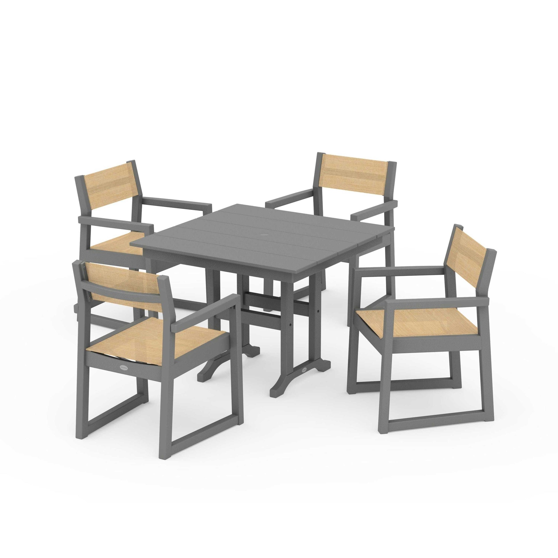 POLYWOOD EDGE Sling Arm Chair 5-Piece Farmhouse Dining Set — Slate Grey / Dupioni Apricot Sling
