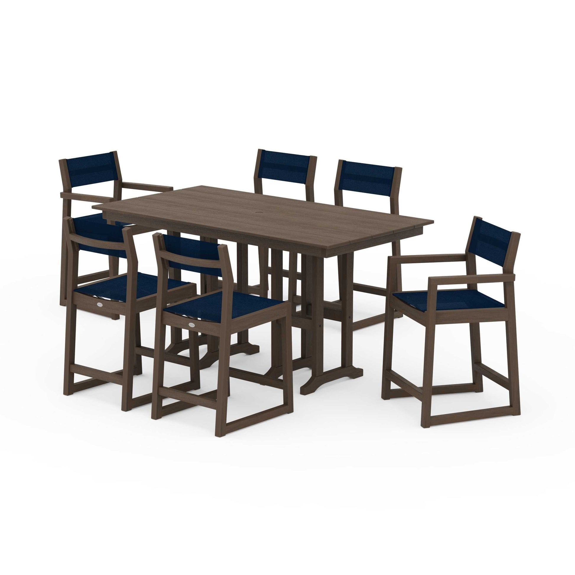 POLYWOOD EDGE Sling 7-Piece Farmhouse Counter Set with Trestle Legs — Kona / Navy Blue Sling