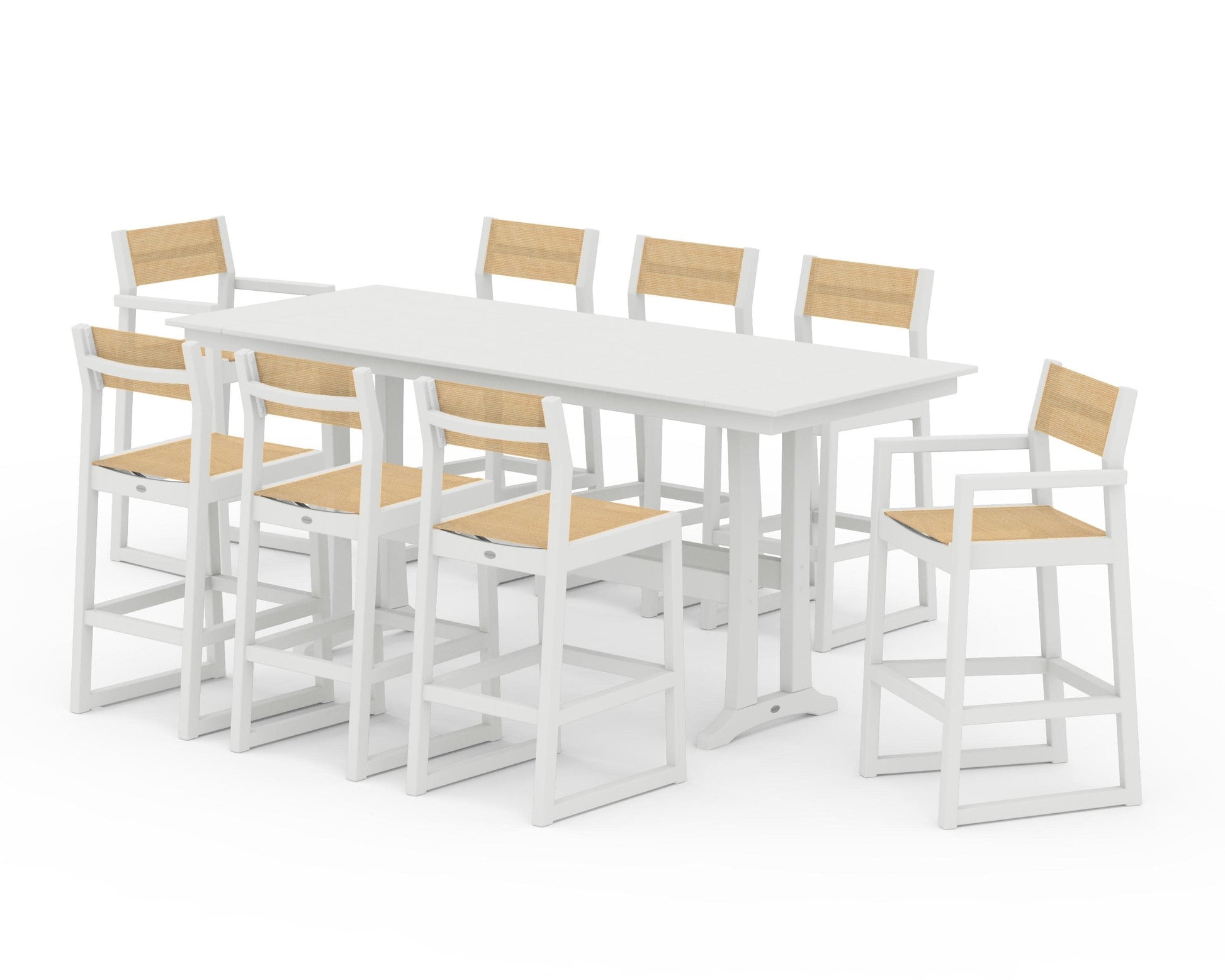 POLYWOOD EDGE Sling 9-Piece Farmhouse Bar Set with Trestle Legs — Vintage White / Dupioni Apricot Sling