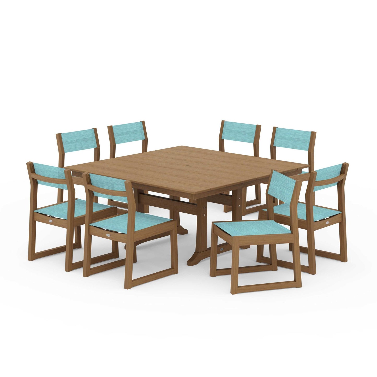POLYWOOD EDGE Sling Side Chair 9-Piece Farmhouse Trestle Dining Set — Natural / Dupioni Aquamarine Sling