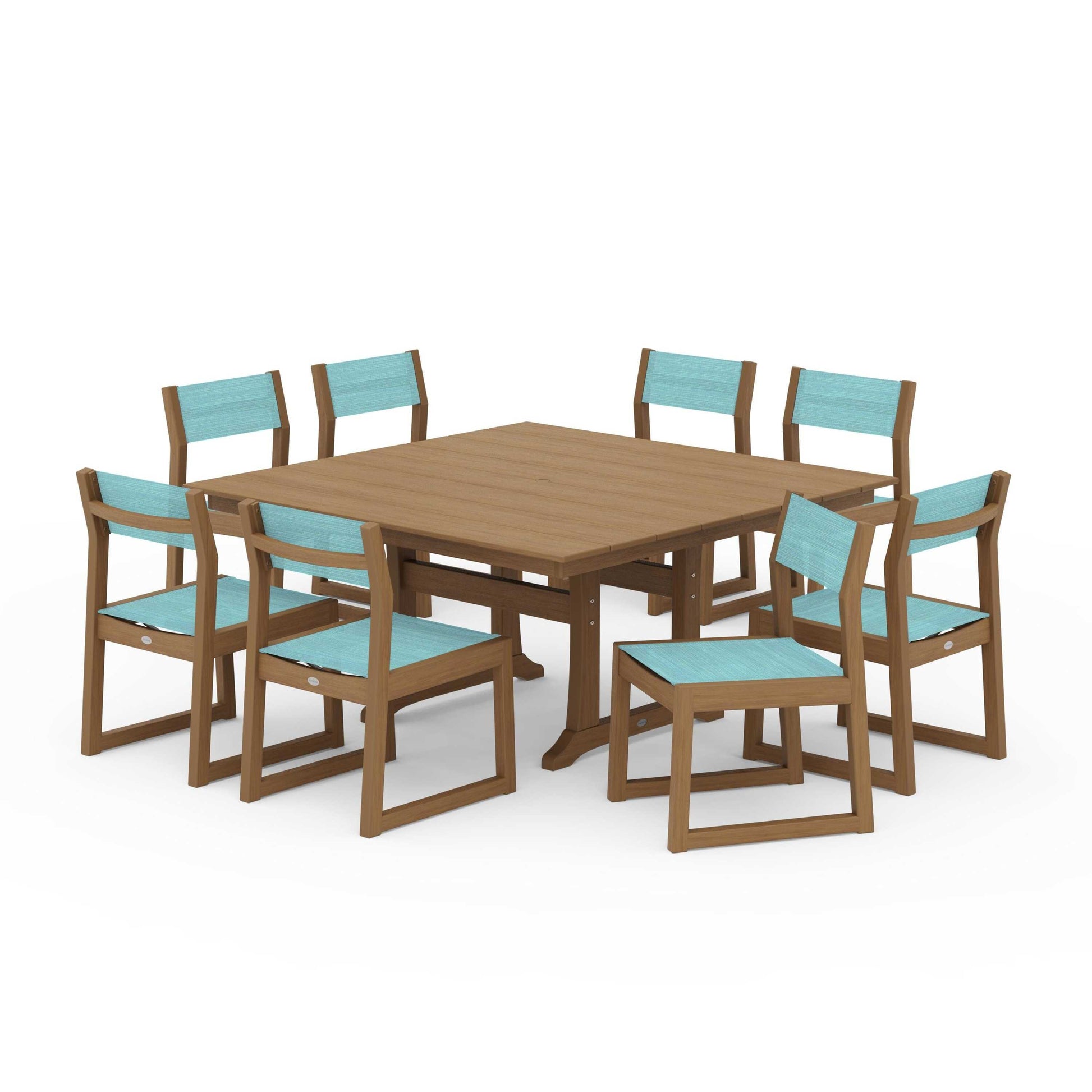 POLYWOOD EDGE Sling Side Chair 9-Piece Farmhouse Trestle Dining Set — Natural / Dupioni Aquamarine Sling