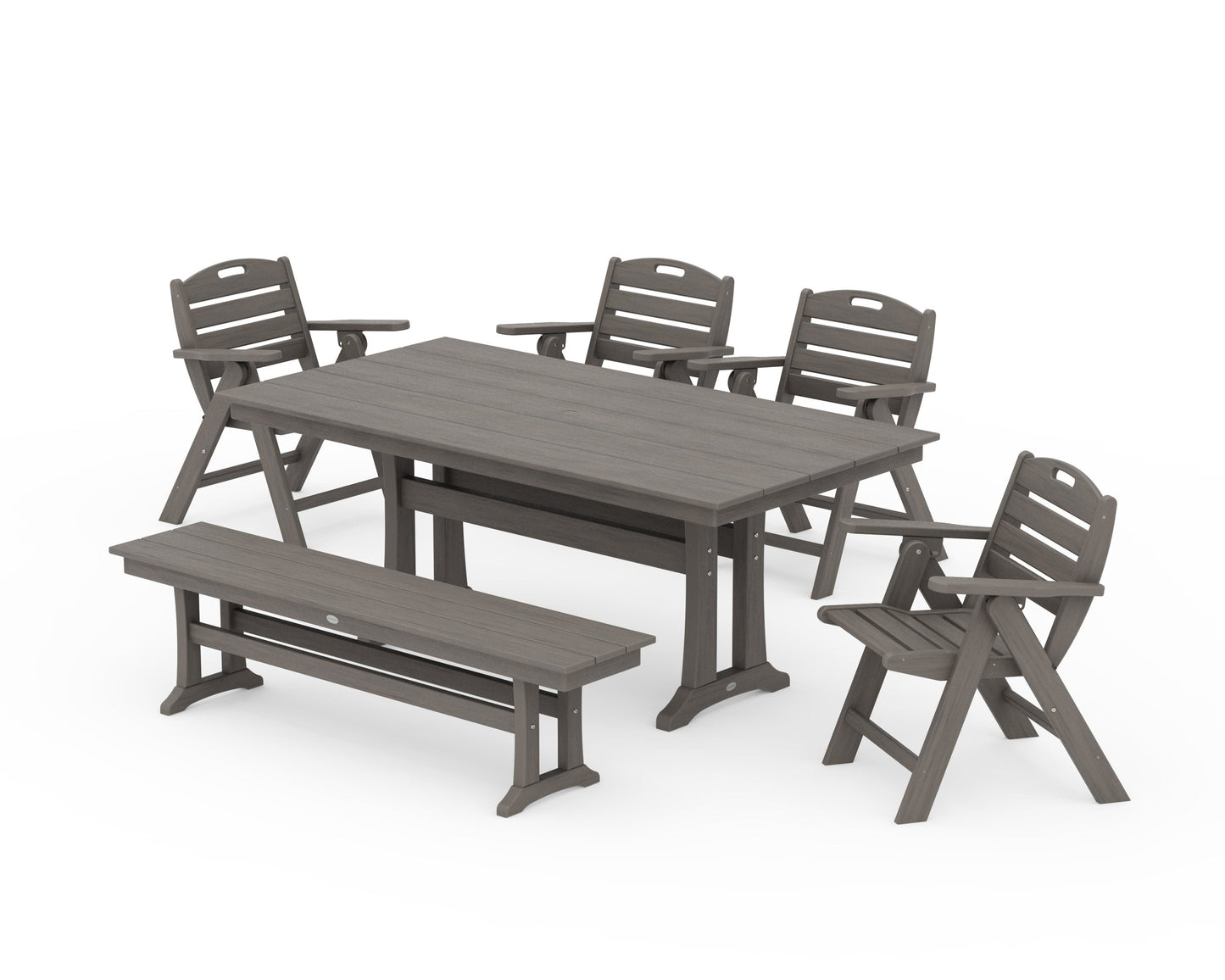 POLYWOOD Nautical Lowback 6-Piece Farmhouse Dining Set with Trestle Legs and Bench — Driftwood