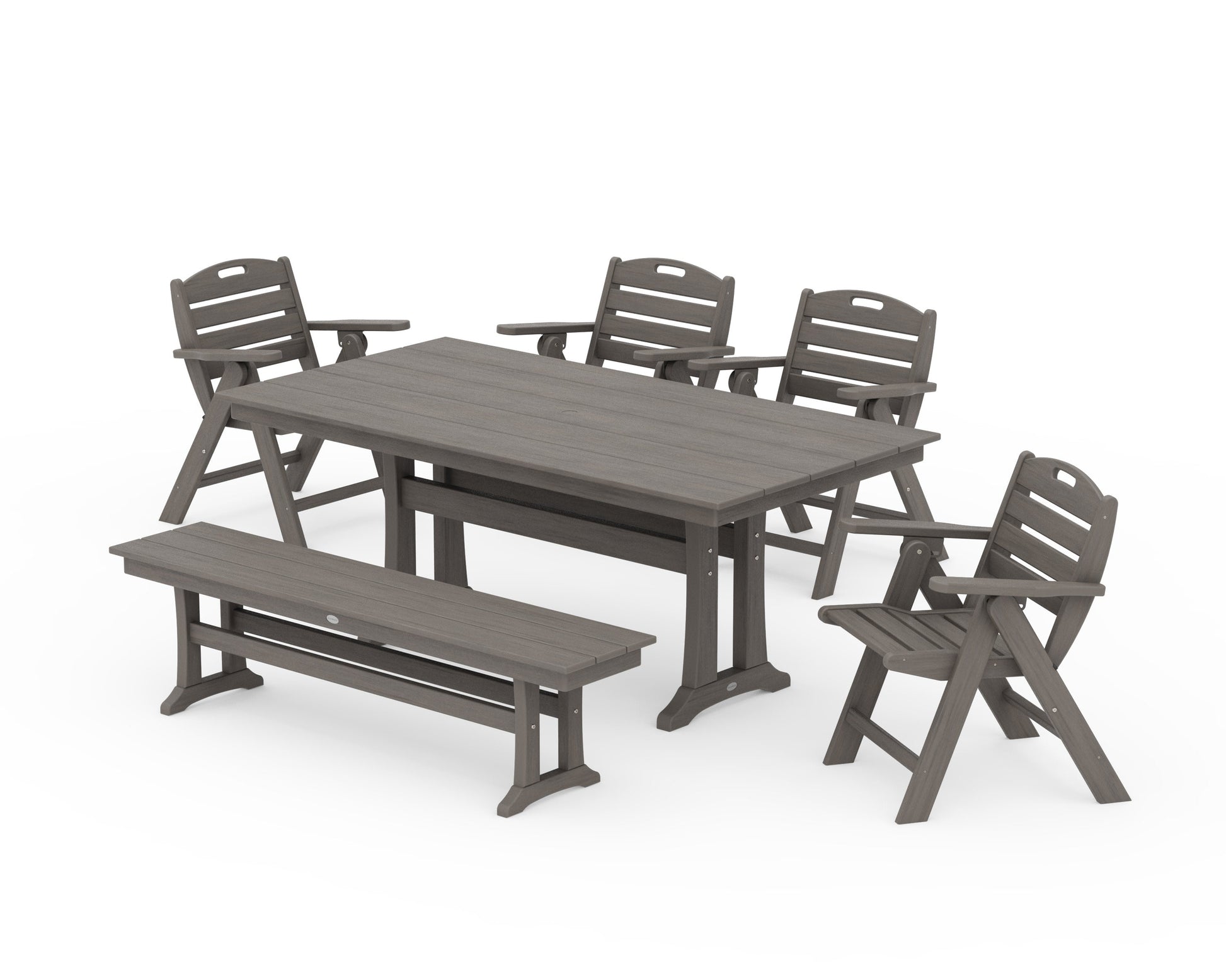 POLYWOOD Nautical Lowback 6-Piece Farmhouse Dining Set with Trestle Legs and Bench — Driftwood
